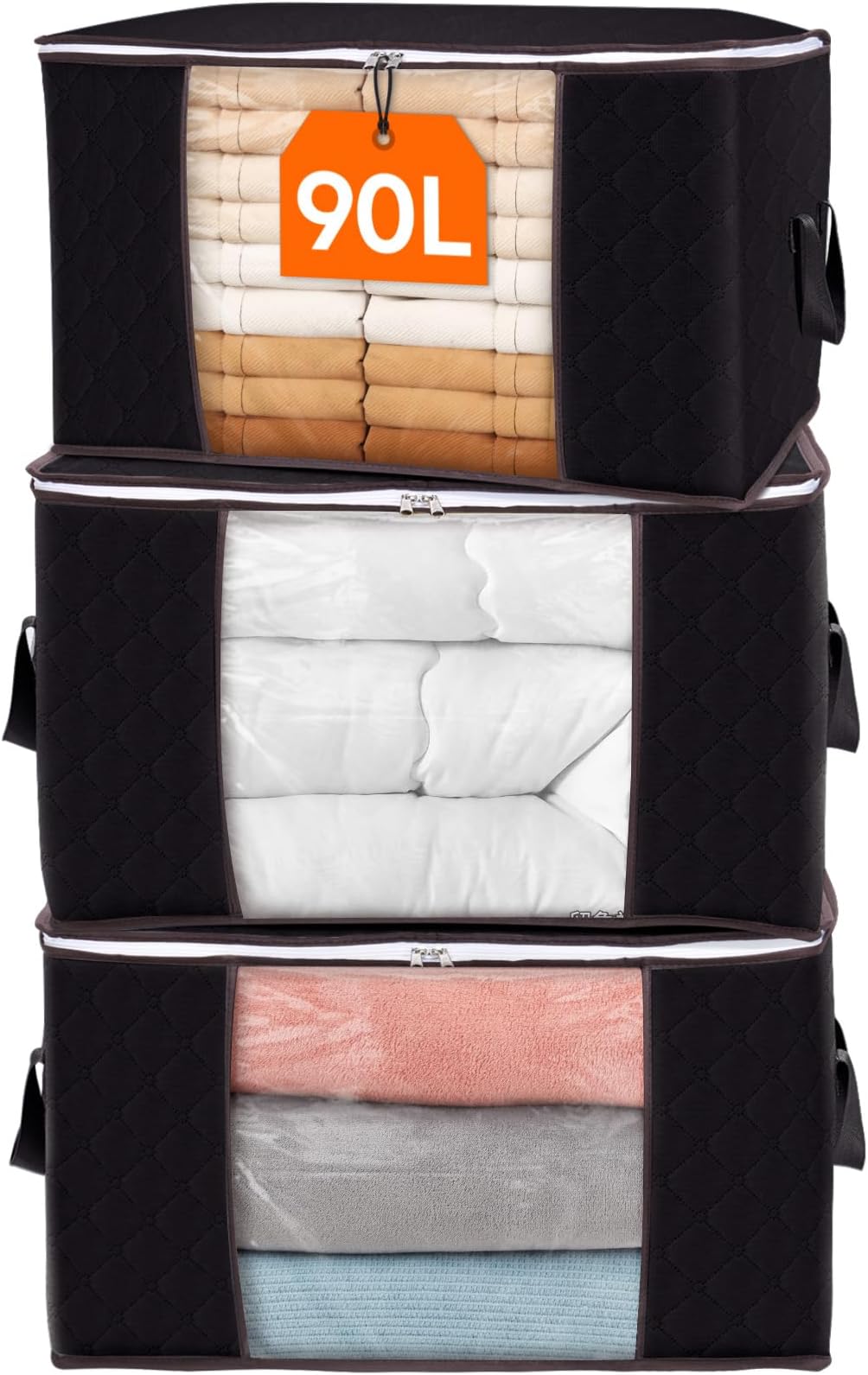 Lifewit Large Capacity Clothes Storage Bag Organizer with Reinforced Handle Thick Fabric for Comforters, Blankets, Bedding, Foldable with Sturdy Zipper, Clear Window, 3 Pack, 90L, Black