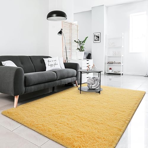 Miniatura 4 de Alfombras de área para sala de estar, alfombra mullida súper suave para dormitorio, alfombra peluda amarilla de 5 x 8 pulgadas, alfombra de felpa