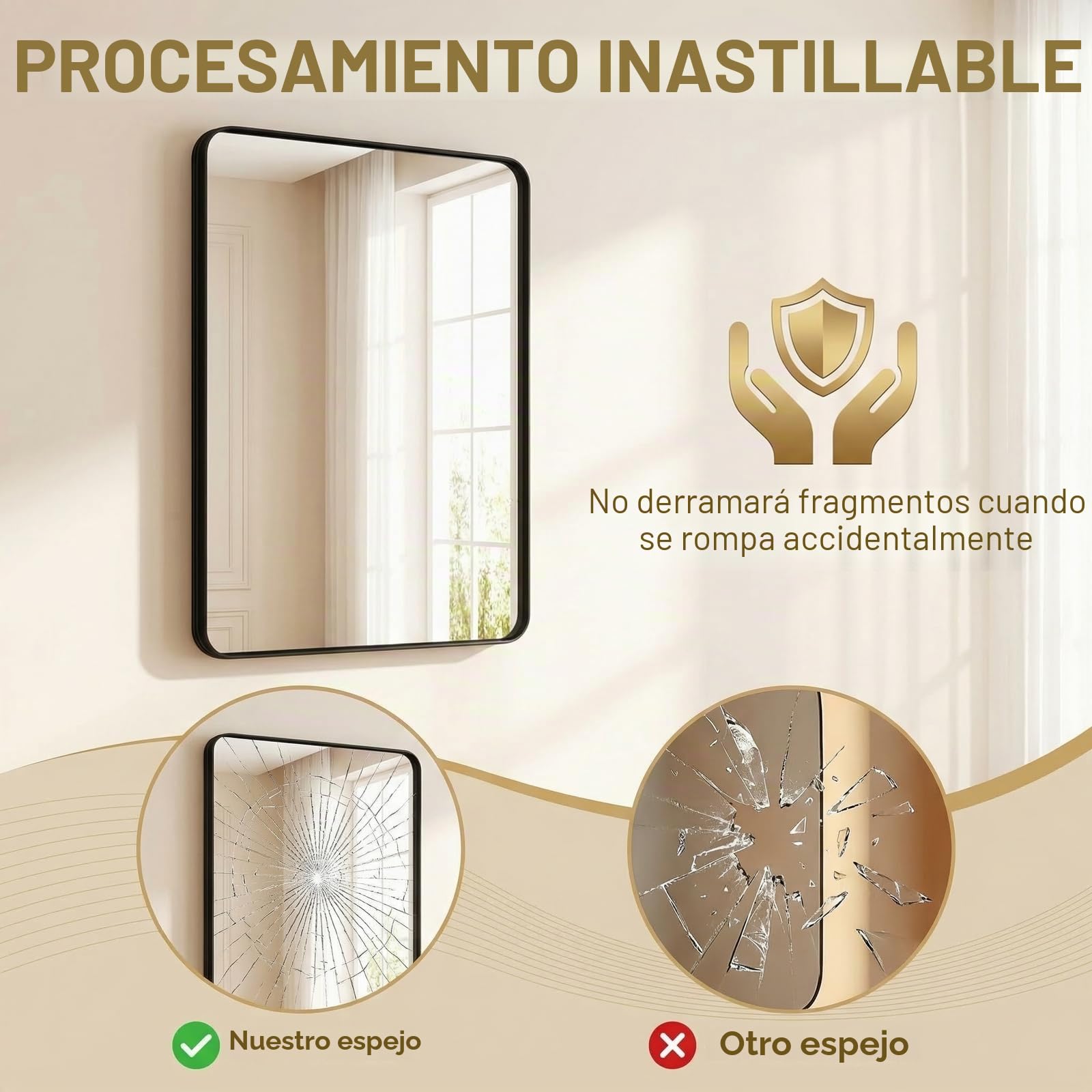 Clevich Espejo de pared rectangular de 90 x 60 cm, vidrio templado irrompible, marco de aluminio negro, espejo para baño/vestidor/sala de estar/decoración de pared