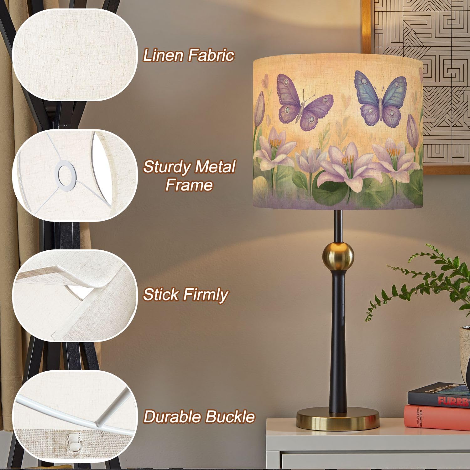 Purple Lampshades Floral Lamp Shades set of 2 Watercolor Butterflies Lilies Wall Art Pastel Garden Scene Light Shade for Table Lamps Floor Lamps Drum Lamp Shades Lampshade Replacement