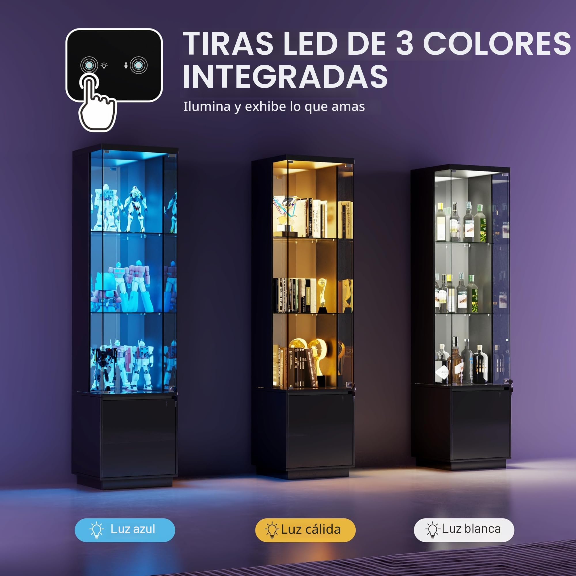 Lvifur Vitrina de cristal con iluminación LED y cajones, vertical con sensor inteligente, de madera de vidrio de 3 capas para coleccionables, vino, salón, dormitorio
