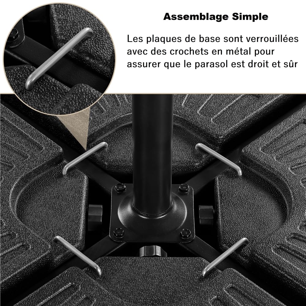 Yaheetech 4 Pièces Pieds de Parasol Noir Lestage pour Parasols 48,5 × 48,5 × 7,5 cm Rempli d’Eau 52L ou de Sable 66kg pour Terrasse Piscine Patio Jardin Restaurant