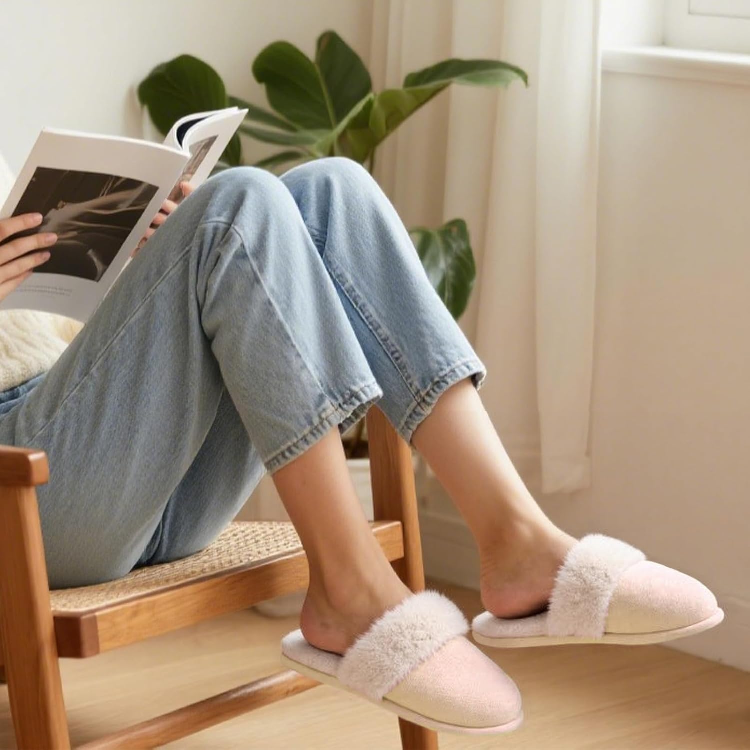 Women's Memory Foam Fuzzy Slippers Fluffy Plush Indoor Outdoor Non-Slip Thin Sole Winter House Shoes - Image 4