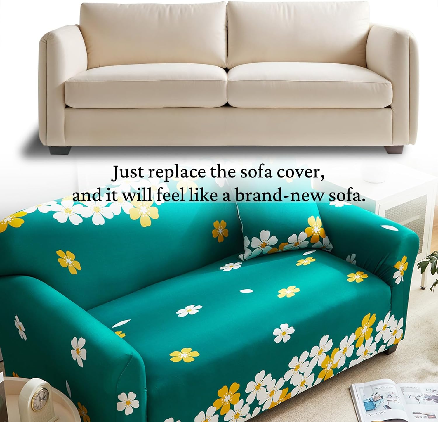 Sofa Cover for Living Room Universal Washable Couch Slipcover with One Pillow Case Stretch Printed Furniture Protector(Green Flower,3 Seater)