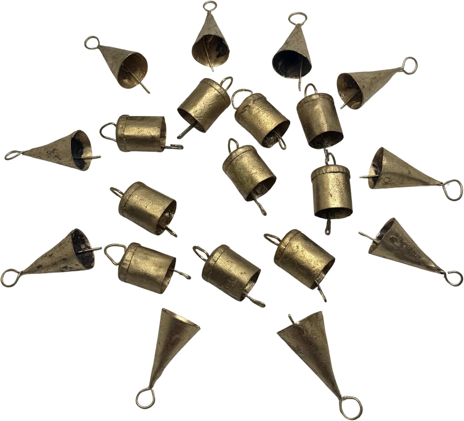 BELLUXE Small Vintage Rustic Lucky Tin Metal Cow Bells Handmade Christmas Décor Bells on Jute Rope Wall Hanging Décor (20, Small Cone-Cylinder)