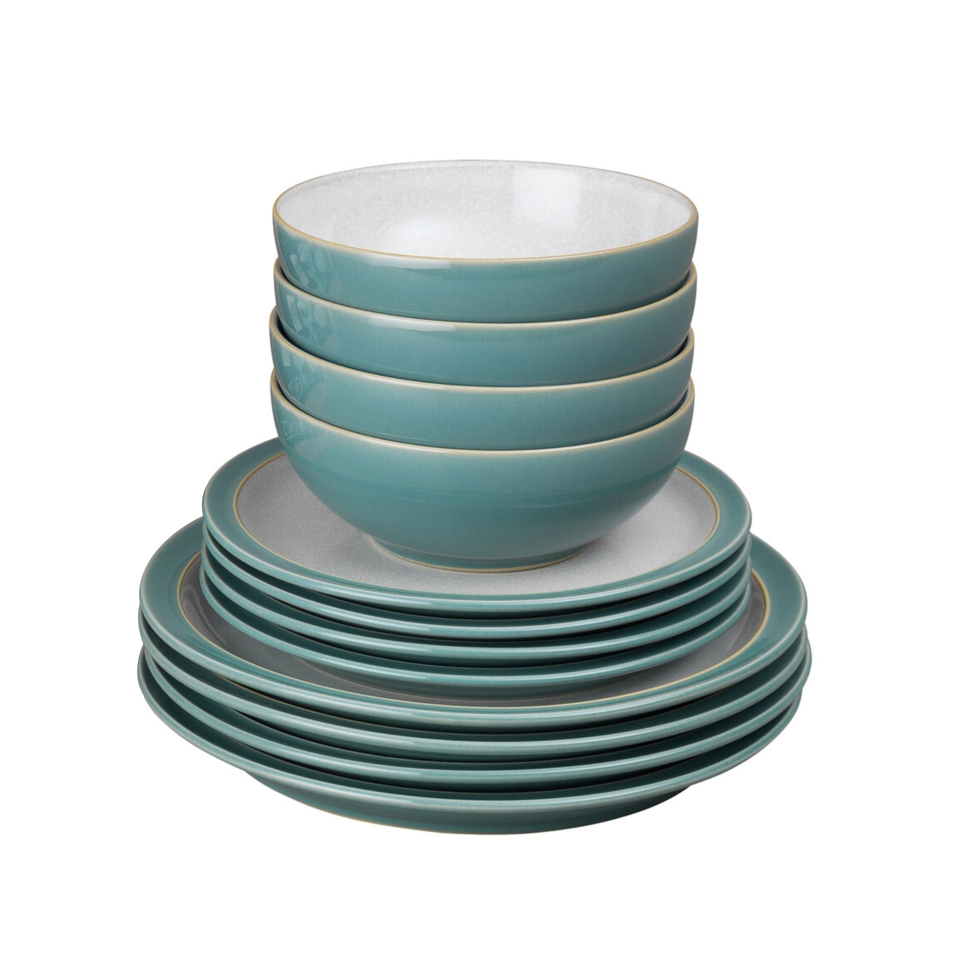 Denby Fern Green - Elements Dinner Set For 4 - 12 Piece Ceramic Tableware Set - Dishwasher Microwave Safe Crockery Set - 4 X Dinner Plates, 4 X Medium Plates, 4 X Cereal Bowls