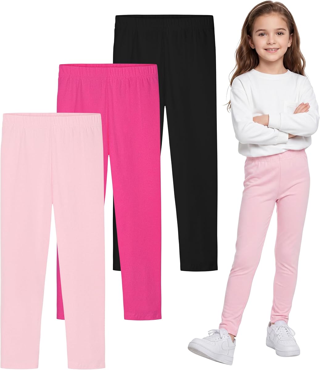 Resinta 3 Pack Girls Leggings Cotton Full Length Leggings Soft Comfortable Footless Stretchy Tights Pants for Kids