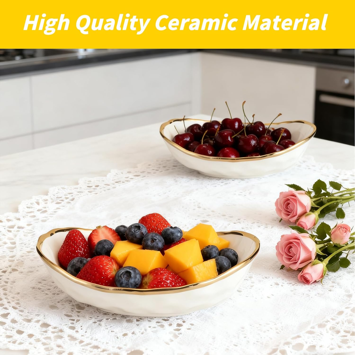 Condition photo showing New/Like New for jessie 2 tier ceramic fruit bowl for kitchen counter with metal rack, fruit basket with stand, porcelain bowls for vegetable bread candy snack nuts dessert cake tray (gold 2 layer)