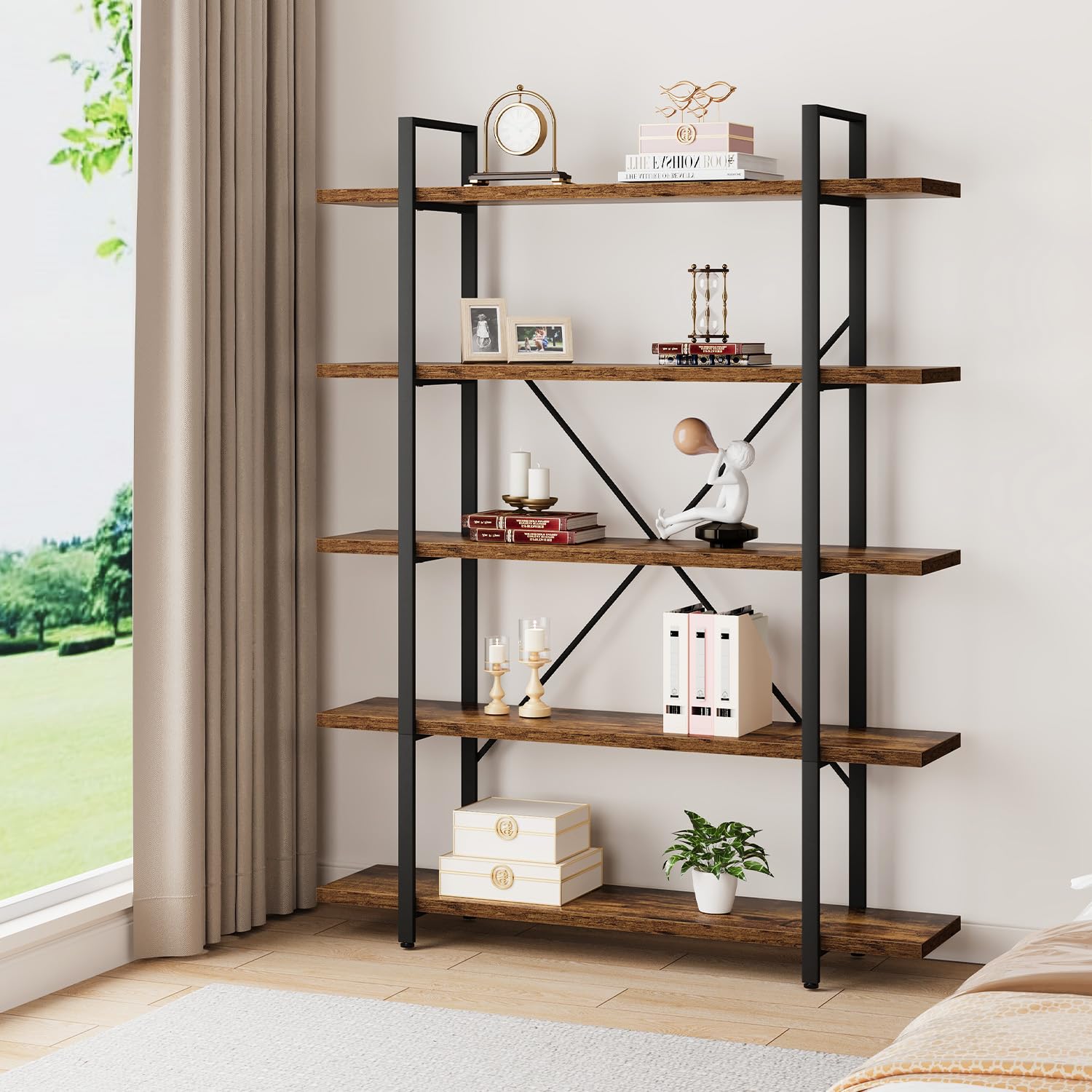 HSH Bücherregal Regal mit 5 Ebenen Vintagebraun Schwarz 178 x 120 x 32 cm | TV Regal Schallplatten Regal Plattenspieler Regal für Wohnzimmer Bücherregal Metall Holz