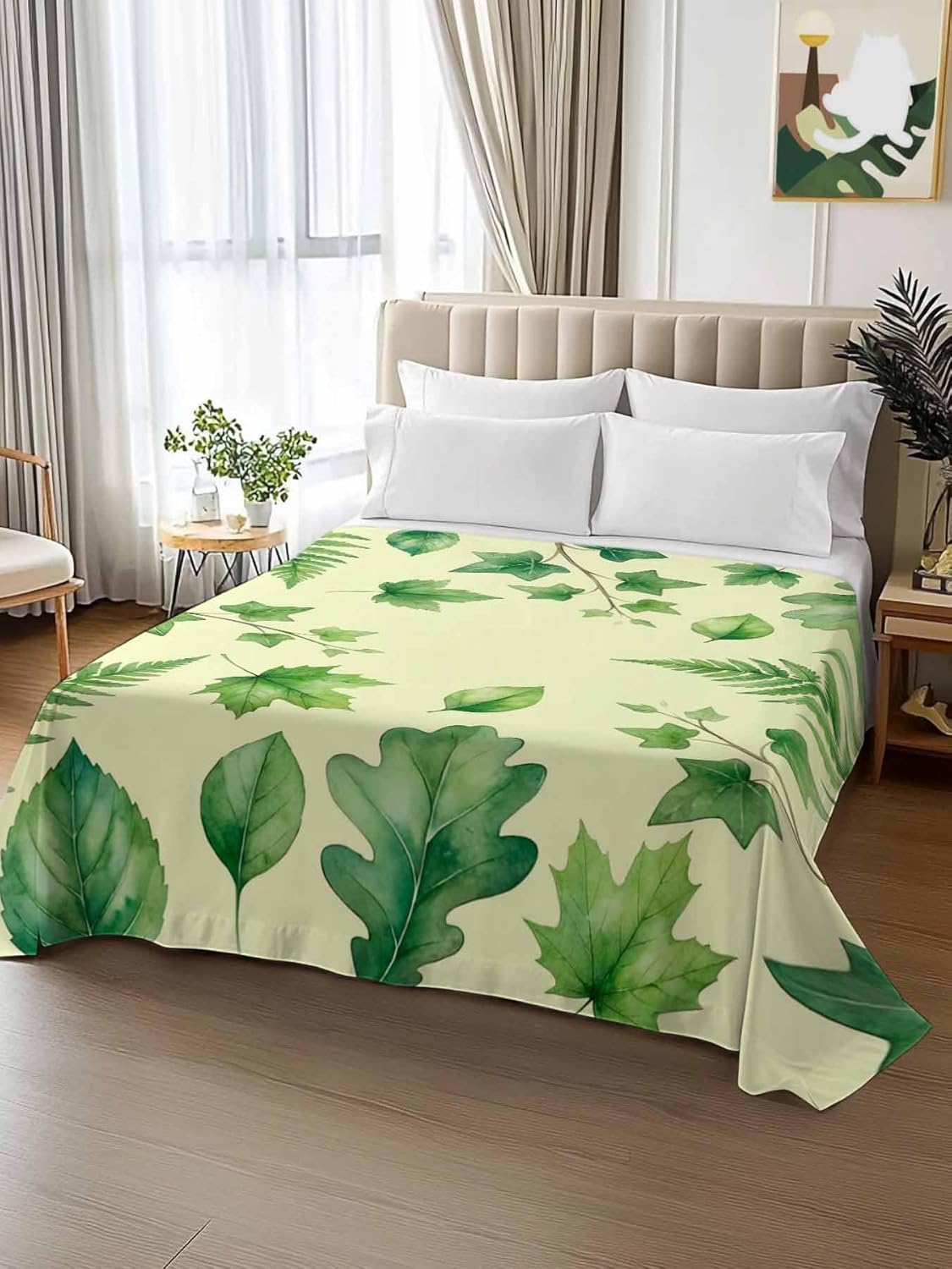 Top Sheet Full Bedding Flat Sheet Only, Spring Botanical Plants on Yellow Microfiber Bed Sheets Soft Breathable Bedding Flat Sheets, Watercolor Green Leaves Hotel Luxury Top Sheets