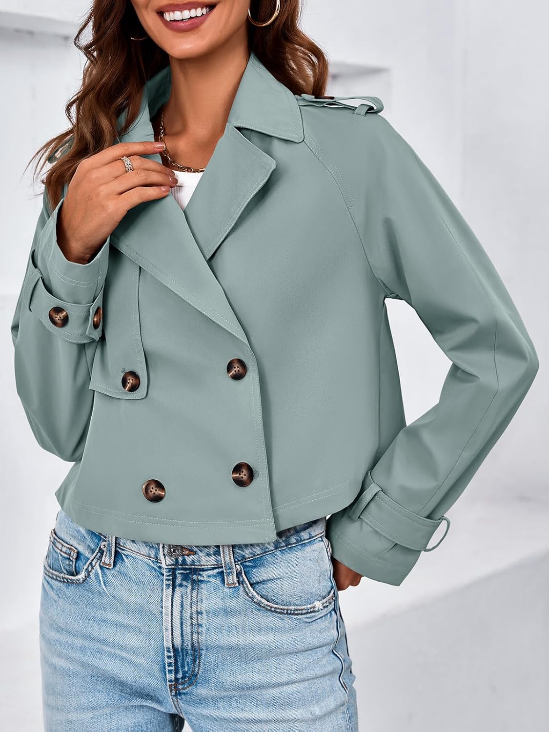 Tankaneo Womens Cropped Trench Coat Lapel Double Breasted Short Jacket Outwear - Image 4