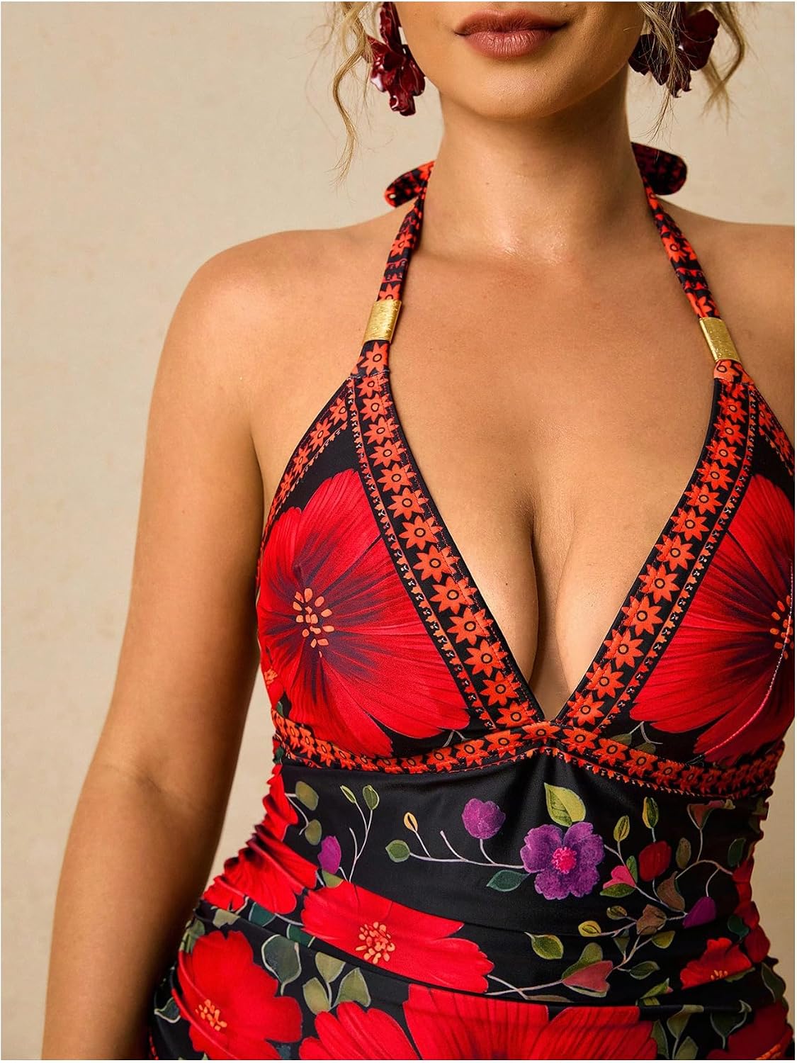 Floerns Women's Plus Size Boho Floral One Piece Swimsuit Ruched Halter Tummy Control Beach Bathing Suit