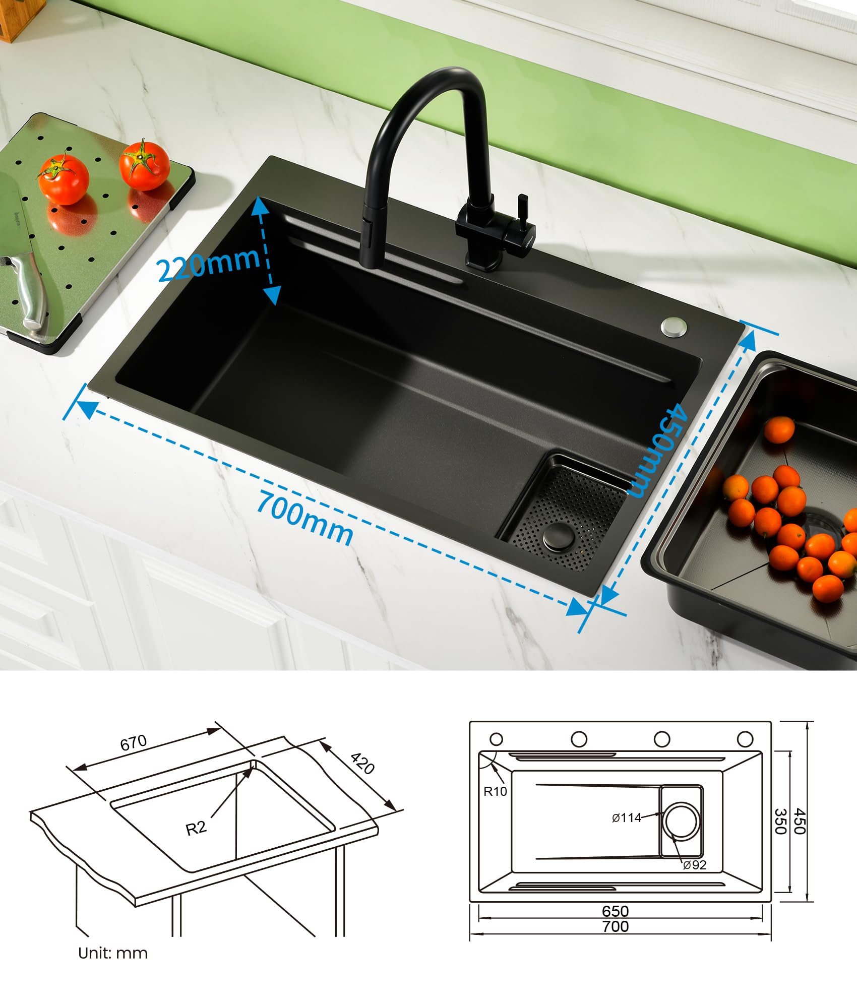 Evier Cuisine 1 Bac Noir 70 × 45 cm,Evier Inox 1 Bac,2 Trous Pour Robinets,Ensemble Comprenant Une CréPine,Un Bac De DéCongéLation,Un Panier De Vidange Et Un Siphon