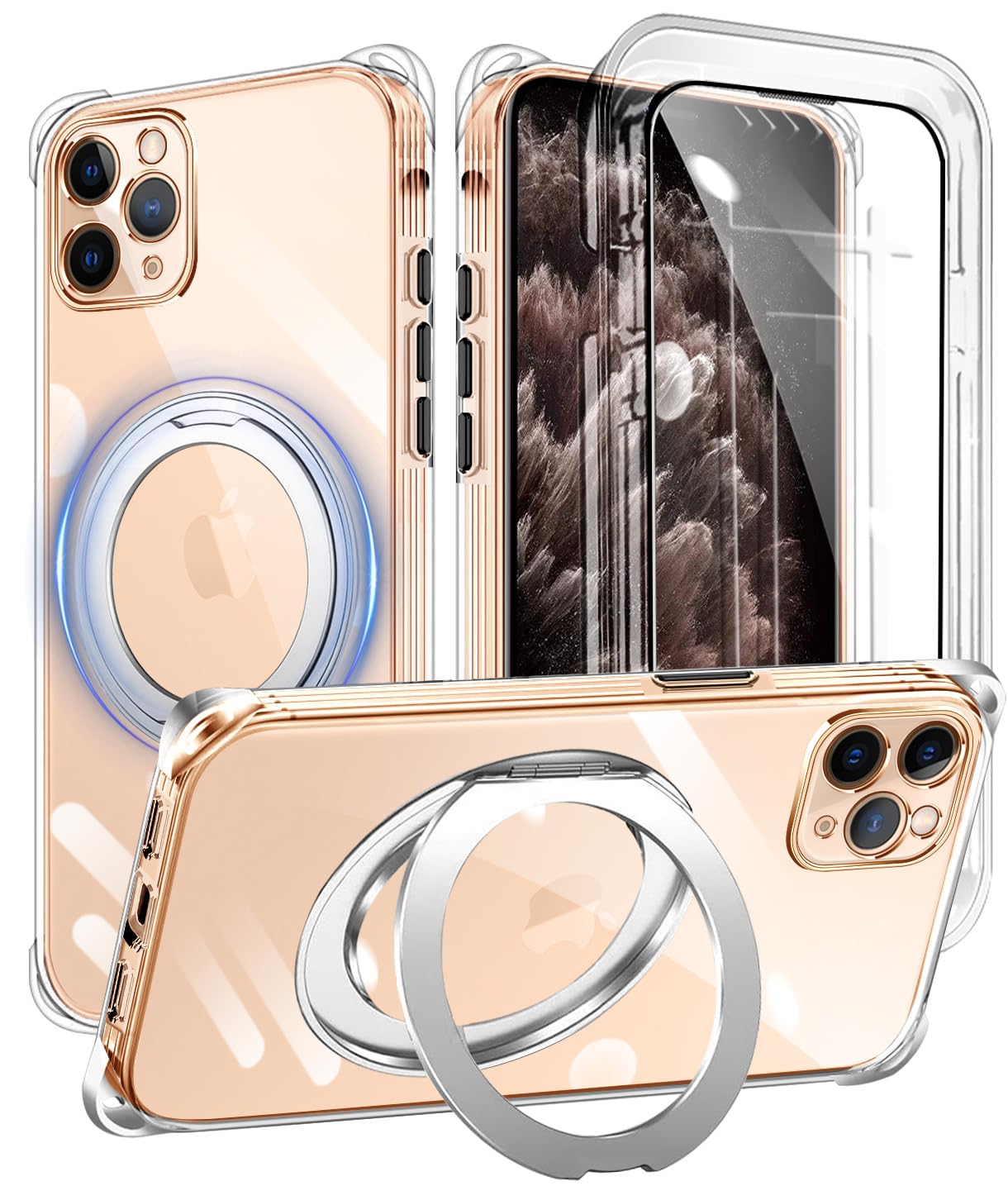 Cexitesuo For iPhone 11 Pro ケース クリア リング付き 360°回転スタンド 縦横両対応 耐衝撃 ガラスフィルム付き アイフォン 11Pro カバー 軽量 薄型 人気 iphone11pro スマホケース 透明 TPU 四隅がエアクッション構造 車載ホルダー対応 (クリア)