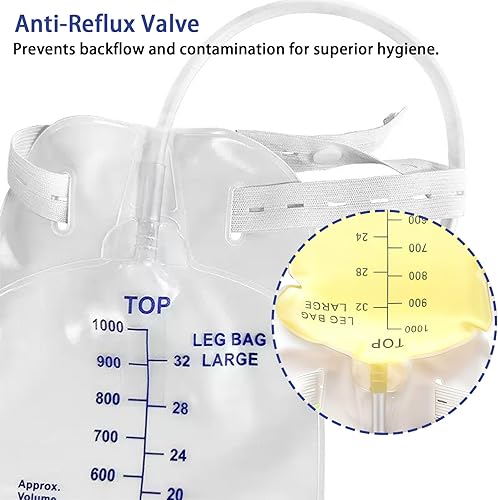 Miniatura 4 de Paquete de 5 bolsas para piernas urinarias de 33.8 fl oz, bolsas de catéter con válvula antirreflujo y tubo antitorceduras de 18 pulgadas, correas