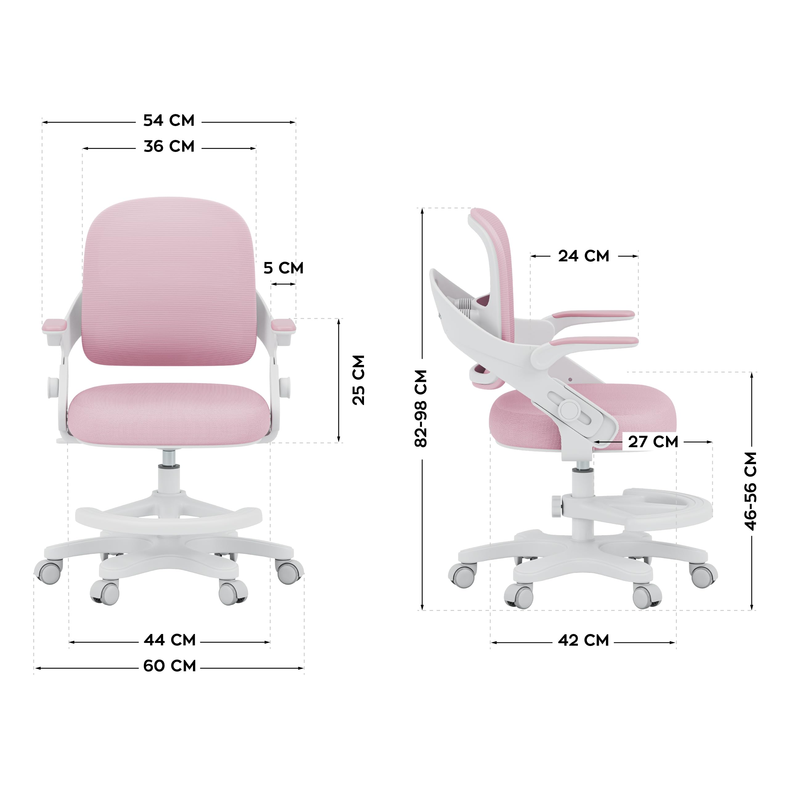 MARK ADLER Junior 4.3 Kinder Bürostuhl – Ergonomischer Kinderdrehstuhl | Mitwachsender Kinderstuhl 90–150 cm – Verstellbare Rückenlehne – Mit Fußstütze – Klappbare Armlehnen 0–90° - Rosa