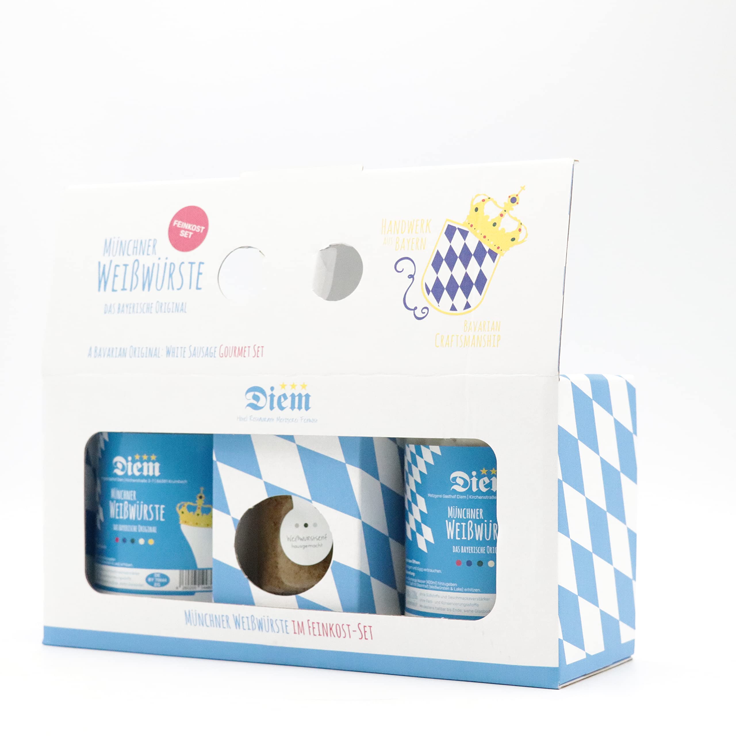 Geschenkset Weisswurst / (2x Weißwurst im Glas - 4 Stück + 1 Glas Süßer Senf a 120g) - Original Münchner Weisswurst – nach Uropa Johann Diems Rezept - langes MHD - 220G Abtropfgewicht, 400g Glas