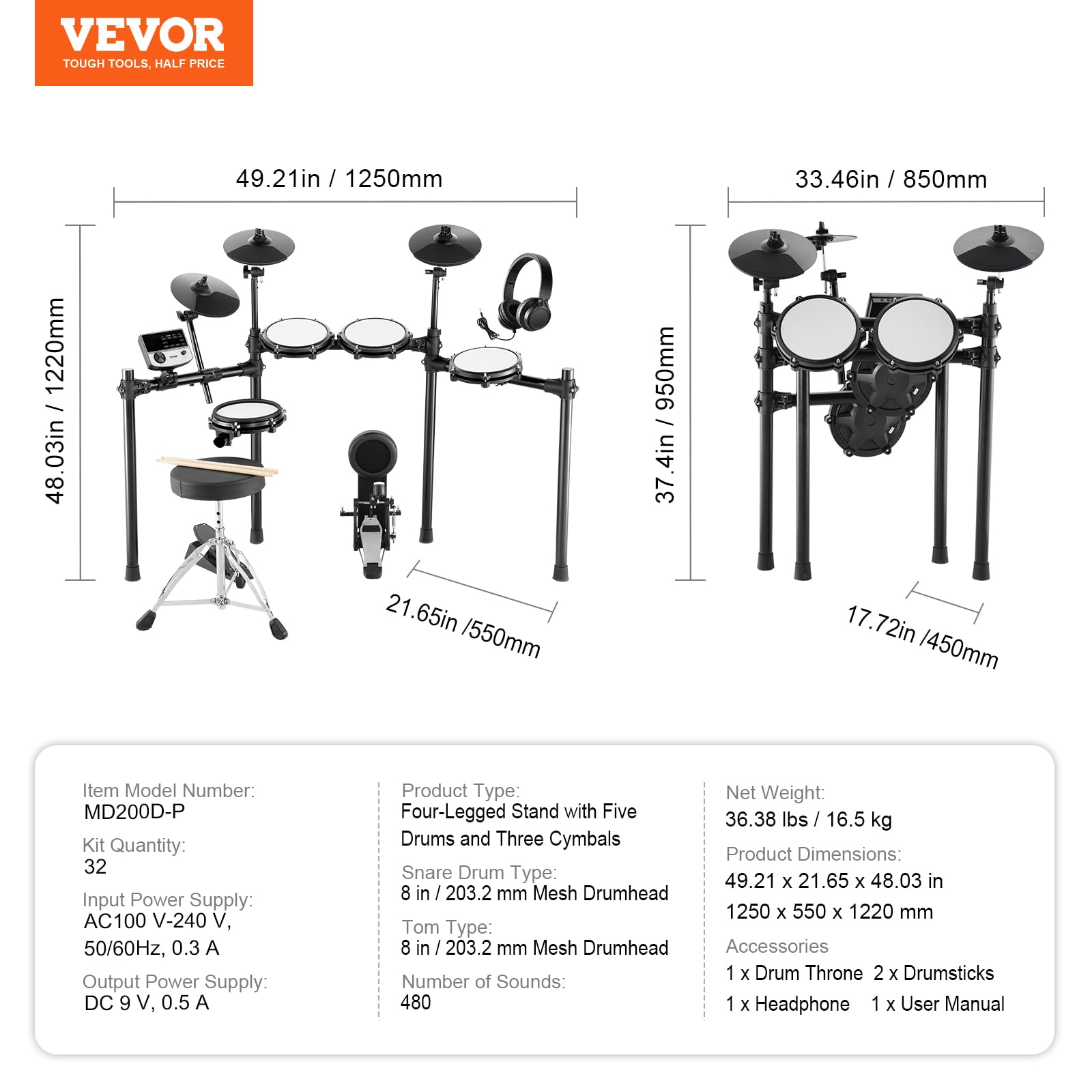 VEVOR E-Drum-Set, 32 Drum-Kits & 480 Sounds Elektronisches Schlagzeug, USB MIDI-unterstütztes 20,32 cm Leises Mesh-Snare-E-Drum-Set mit 25,4 cm Becken, Drum-Sticks & Kopfhörer, E-Drums