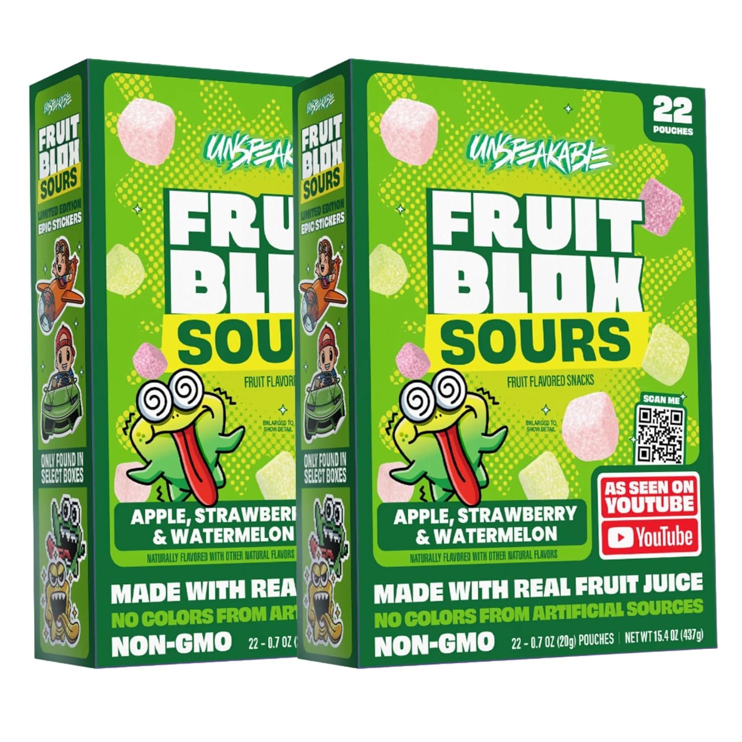 Fruit Blox Sours Fruit Snacks, Apple Strawberry & Watermelon, 2 Boxes of 22 Pouches, Non-GMO, Made with Real Fruit Juice (Blue Raspberry & Cherry)
