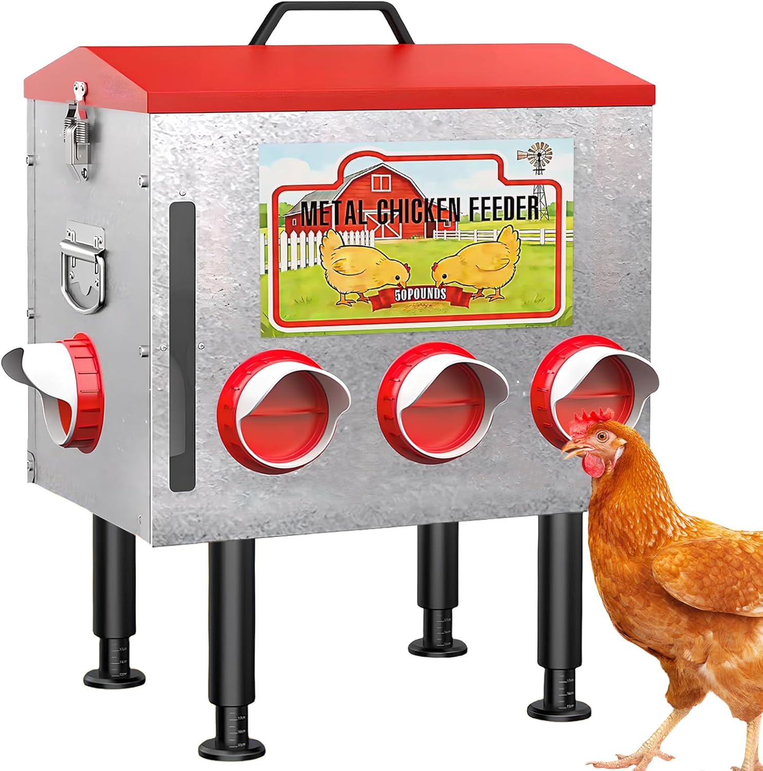 50LBS Metal Chicken Feeder Dispenser with Lid, Adjustable Legs, 8 Feeding Ports, No-Waste & Rodent-Proof Design, Visual Feed Level Indicator, Durable Outdoor Poultry Feeder for Chickens, and Geese