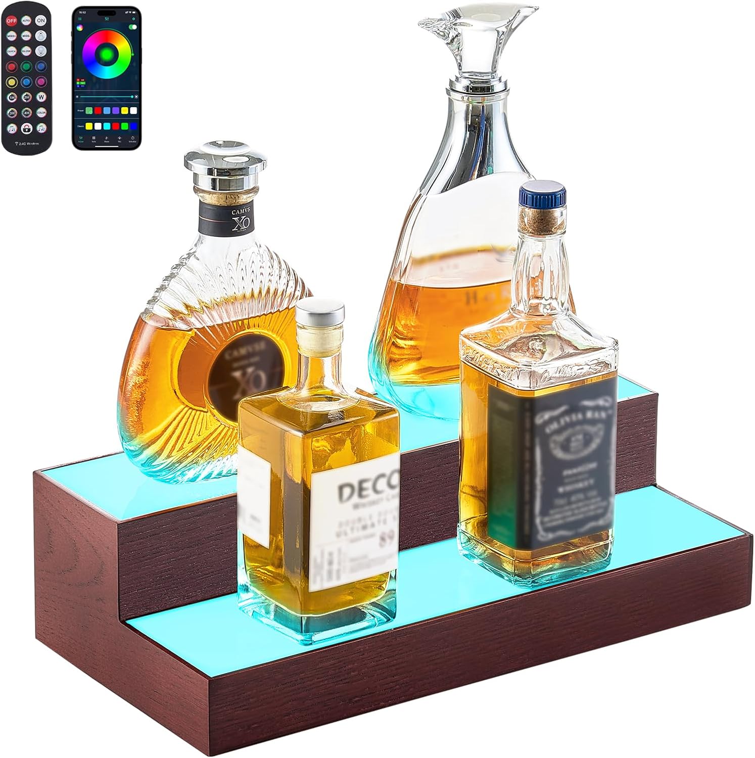 VEVOR LED Lighted Liquor Bottle Display, 2-Tier 16 Inch Whiskey Rack, Supports USB, Illuminated Home Bar Shelf with RF Remote & App Control, 7 Static Colors, Acrylic+ Wood Lighted Shelf for 8 Bottles