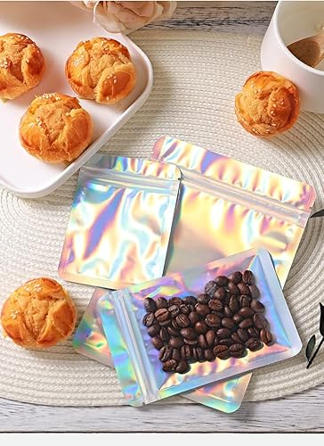 Miniatura 7 de Bolsas reutilizables con cierre de cremallera, 100 bolsas holográficas de doble cara, a prueba de olores, bolsas de papel de aluminio (holográficas,