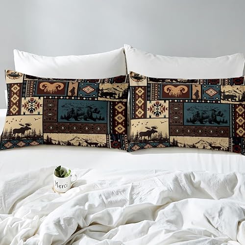 Miniatura 5 de Erosebridal Juego de funda de edredón azteca, tamaño King, rústico, del suroeste de Estados Unidos, juego de ropa de cama nativo de oso y ciervo,