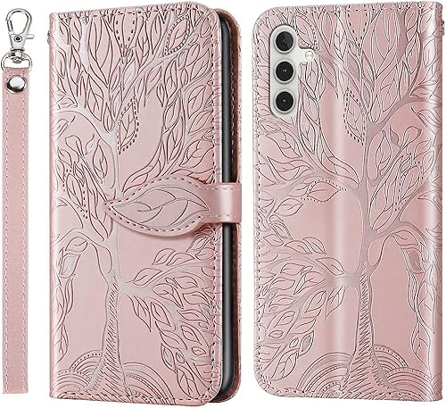 Miniatura 8 de MEUPZZK Funda para Samsung Galaxy A14 5G, Samsung A14 5G, piel sintética de alta calidad con diseño de árbol en relieve, función atril, ranuras para