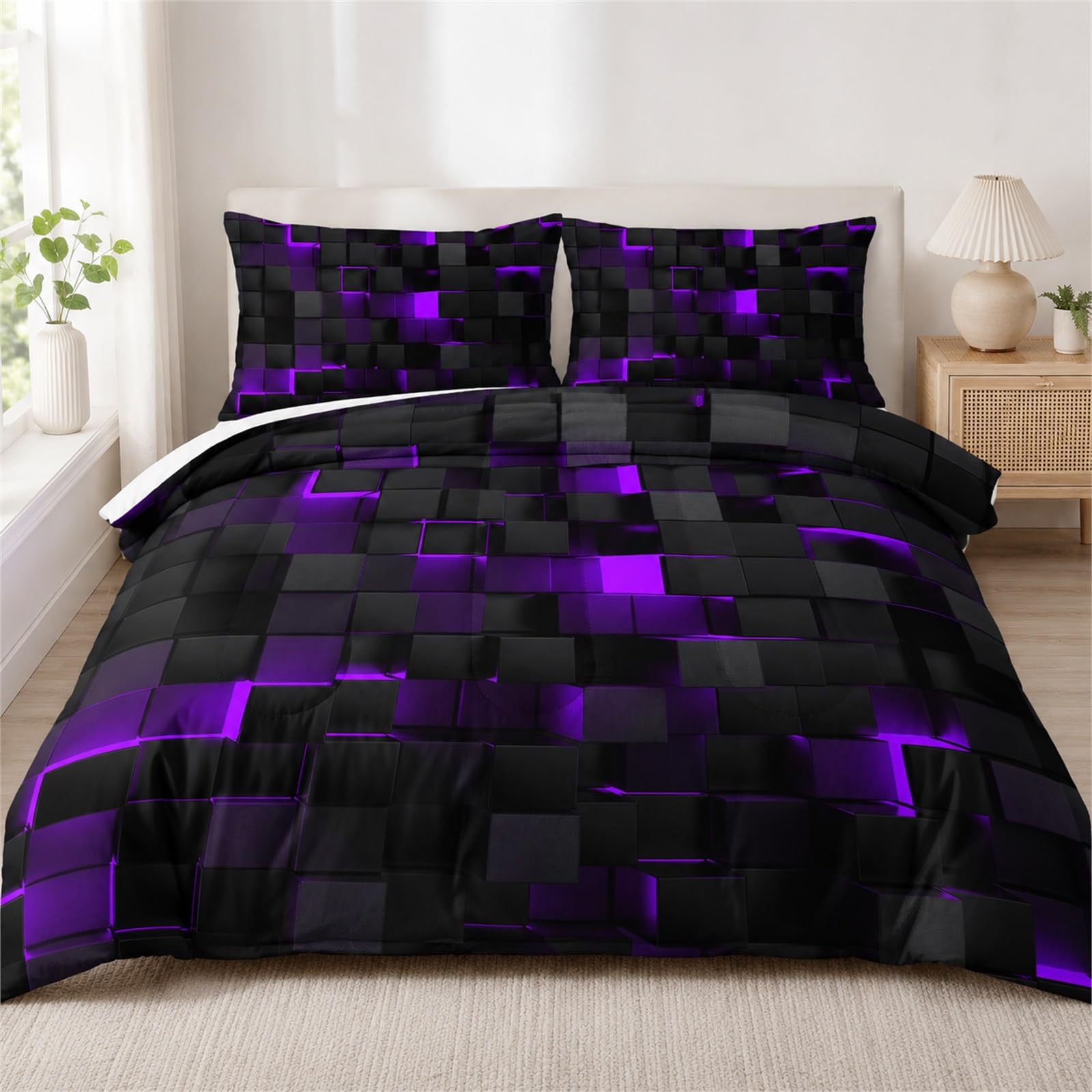 Tabeskly Boys Kids Geometric Square Bedding Geometry Lattice Single Duvet Cover Sets with Zipper Black Neon Purple 135x200 CM