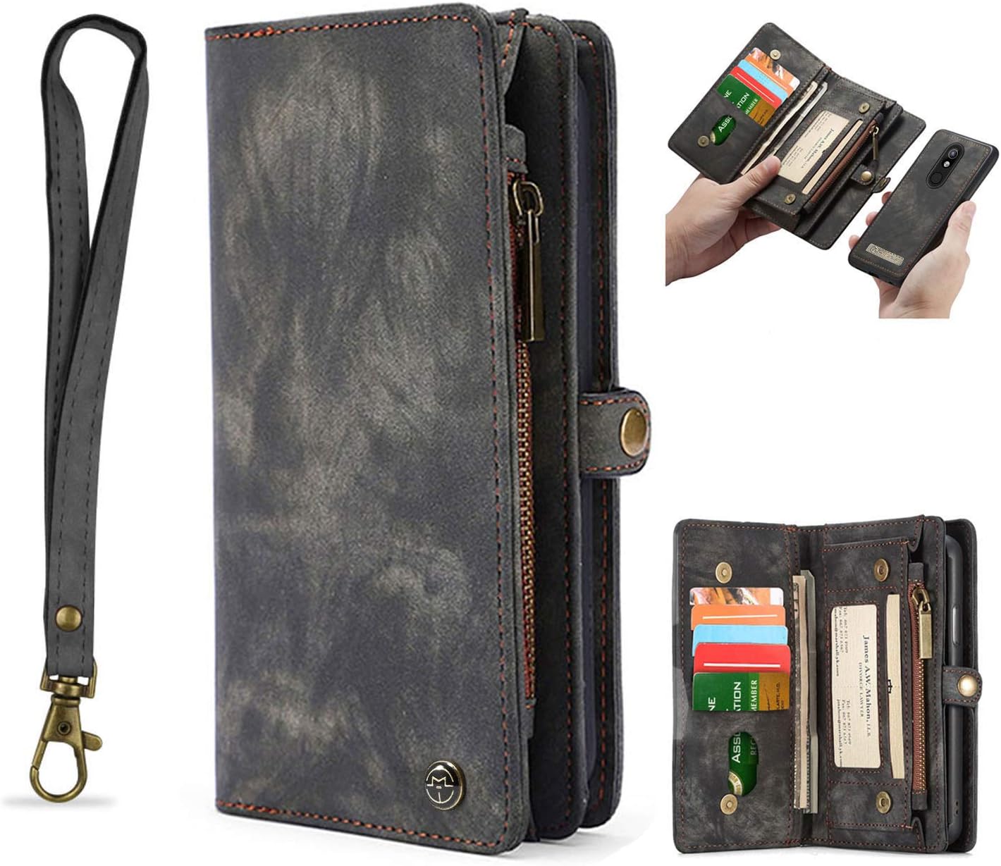Simicoo Compatible with LG Stylo 5 Leather Wallet Zipper Purse Detachable Card Slots Holder Flip Case Magnetic Handle Wrist Strap Shockproof Cover Pocket Wallet Handbag for LG Stylo 5 (Black)