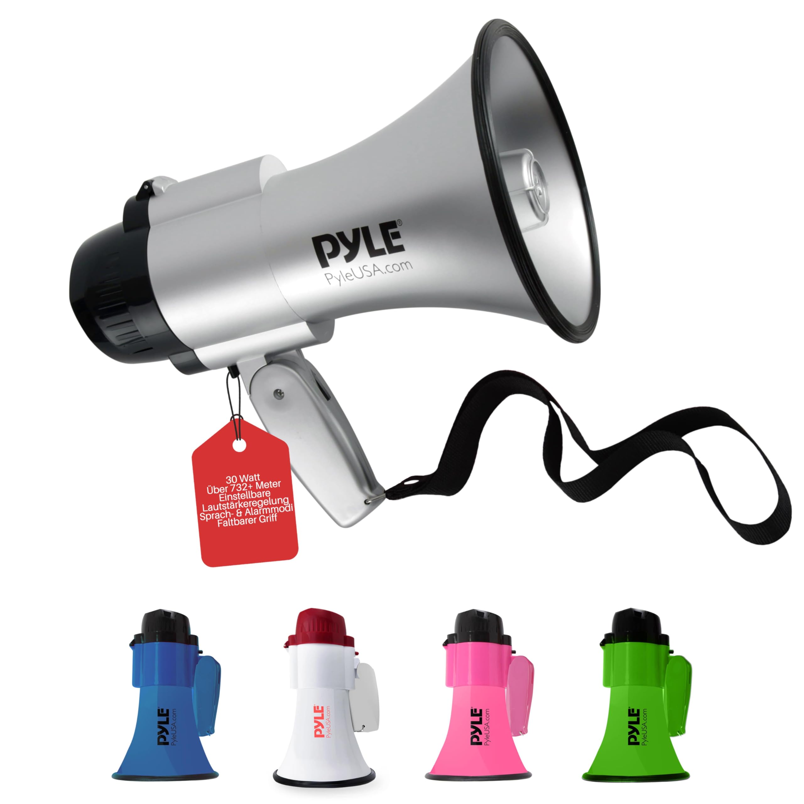 Pyle Portable Megaphone Speaker Siren Bullhorn-Compact and Battery Operated with 30 Watt Power, Microphone, 2 Modes, PA Sound and Foldable Handle for Cheerleading and Police Use PMP33SL (Silver), 0