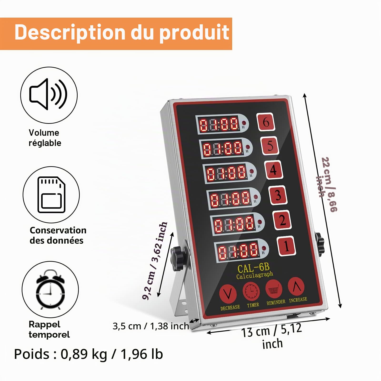 Minuterie de Cuisine Professionnelle Numérique LED 6 Canaux Restaurant Minuterie de Cuisine en Acier Inoxydable Programmable pour Friteuse Boulangerie Camion de Nourriture Cuisson
