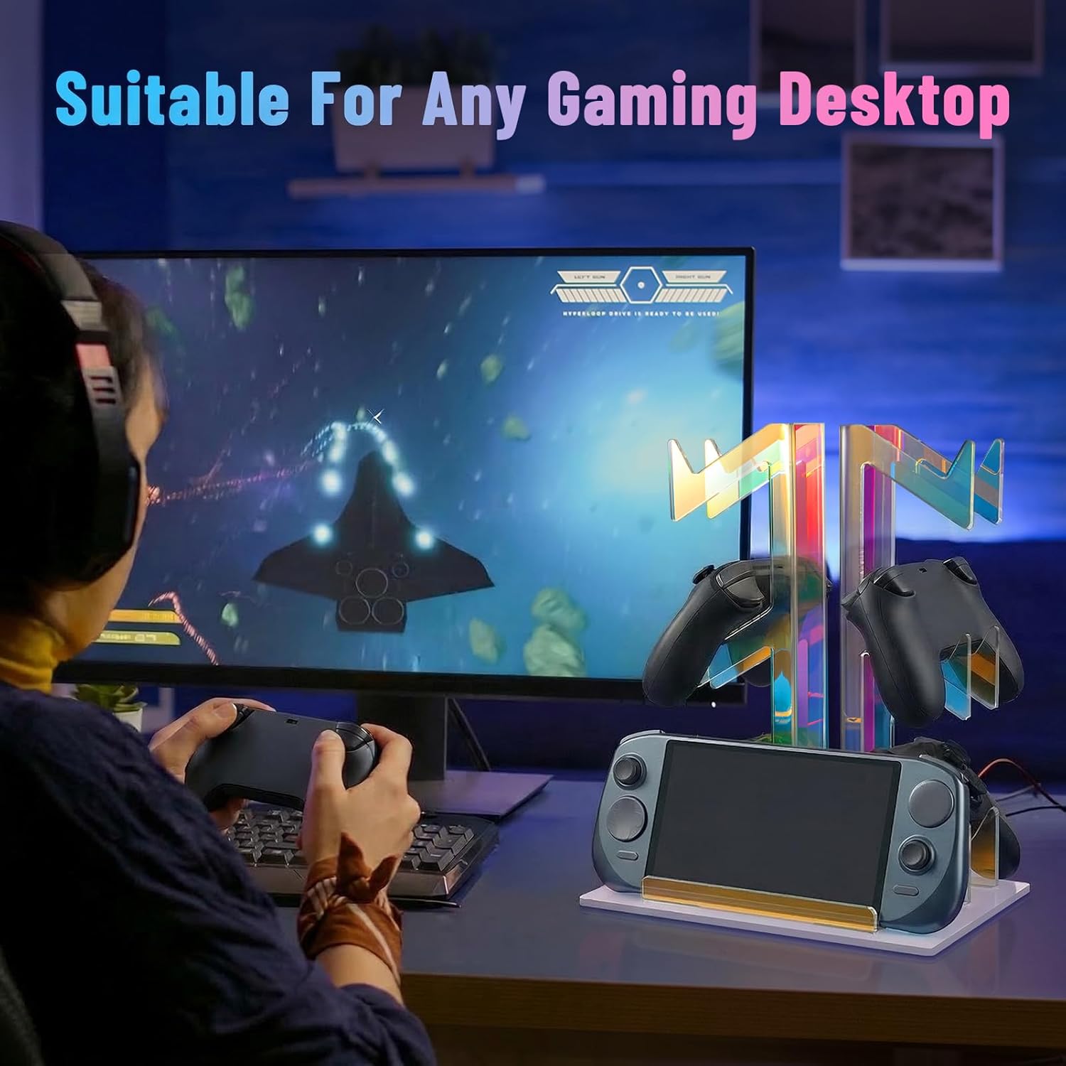 NiHome Iridescent Acrylic 3-Tier Game Controller Holder Headset Stand for PS5 Xbox ONE, Universal Game Controller Organizer Stand Anti-Slip Stable Gaming Accessories Stand (White Base)