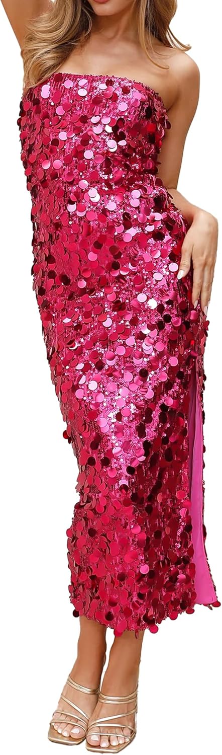 YYA Women's Midi Strapless Dress Sequin Strappy Bodycon Party Dress Sparkly Glitter Ruched Party Club Dress,S-XL