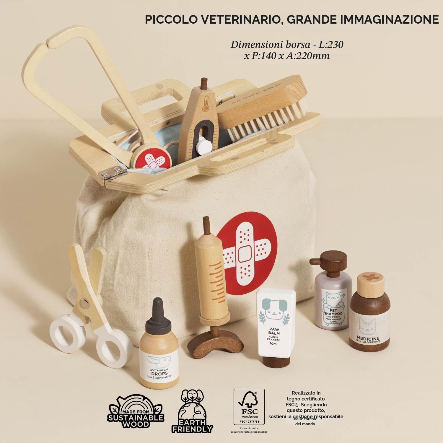 Le Toy Van Gioco educativo Valigetta Dottore in Legno per Bambini, 3 Anni, Giocattolo Montessori, Borsa del Medico in Tessuto Completa, 10 Pezzi, Accessori Inclusi, Legno Certificato FSC