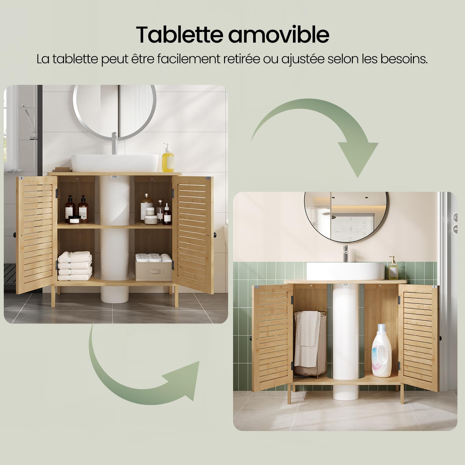 EUGAD Meuble sous Lavabo Salle de Bain en Bambou, Meuble sous Vasque, avec Découpe pour Siphon 20x23 cm, Portes à Lames et Étagère Réglable, 60x30x60 cm