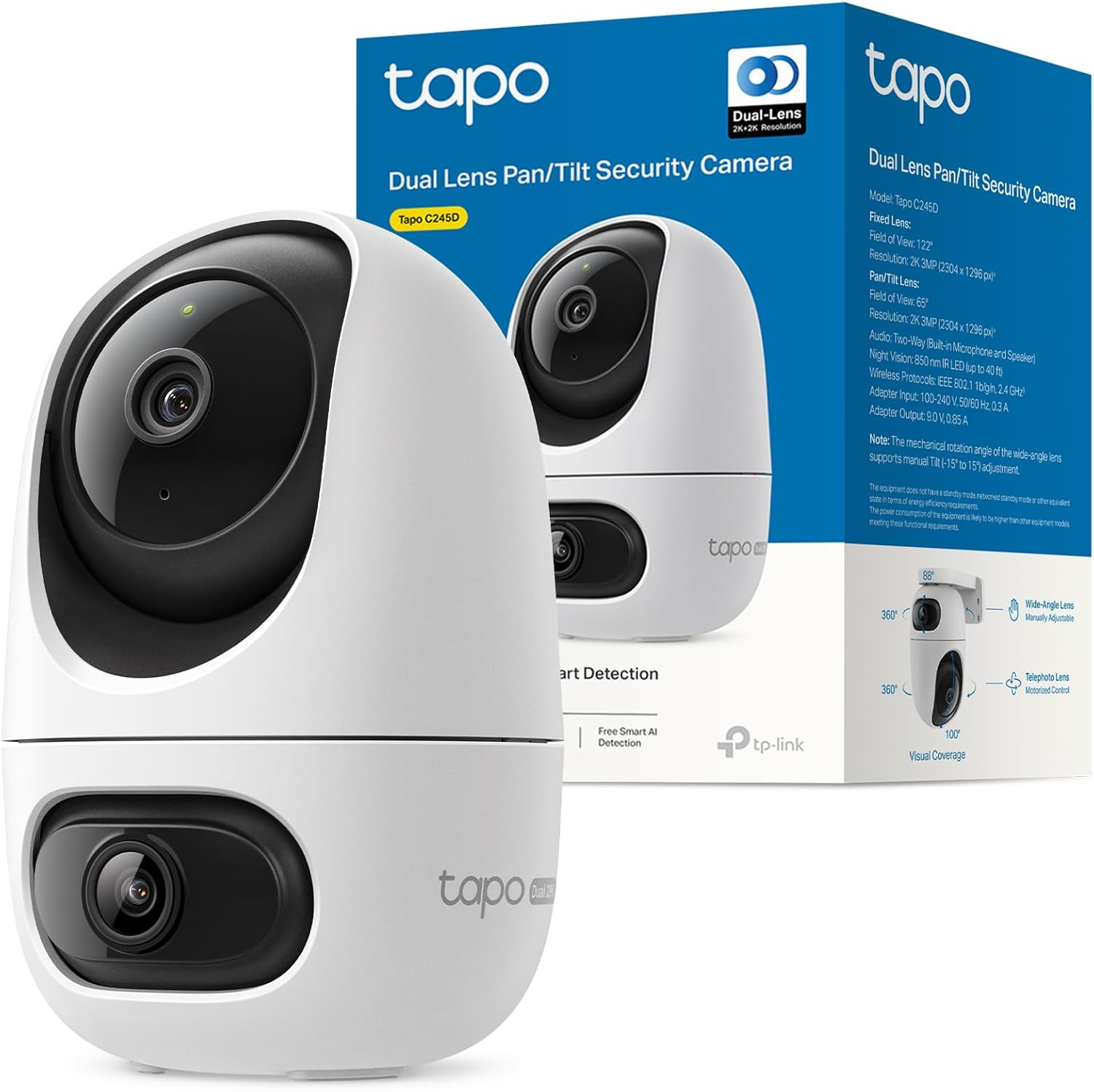 Tapo C245D Telecamera WiFi Interno Doppio Obiettivo 2K+2K, Pan/Tilt, Doppia Vista su 1 Schermo, Tracciamento Smart, AI Persone/Animali/Veicoli/Bimbi, Visione Notturna IR fino a 12 m