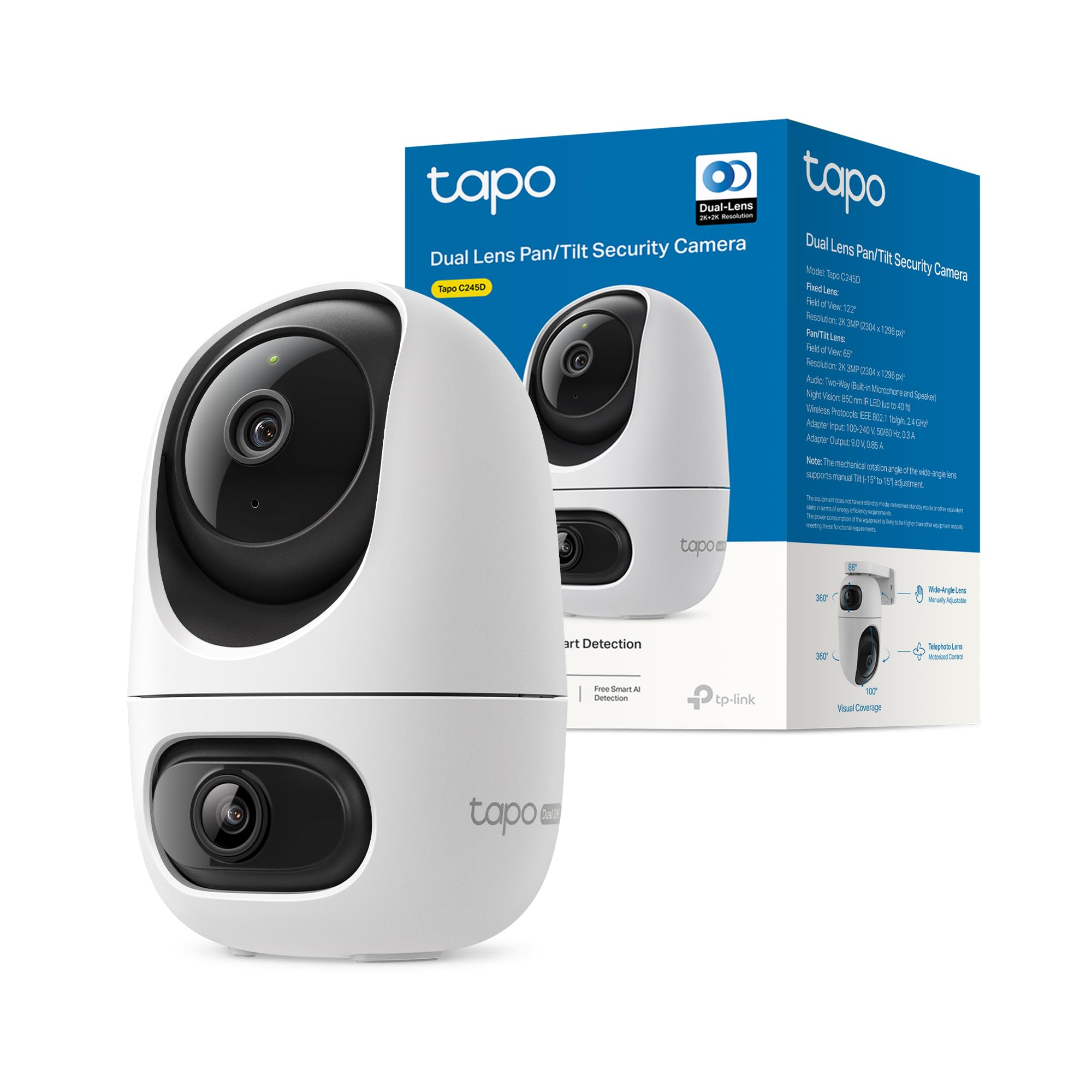 Tapo C245D Indoor WiFi Camera Dual Lens 2K+2K, Pan/Tilt, Dual View on 1 Screen, Smart Tracking, AI People/Animals/Vehicles/Children, IR Night Vision up to 12 m