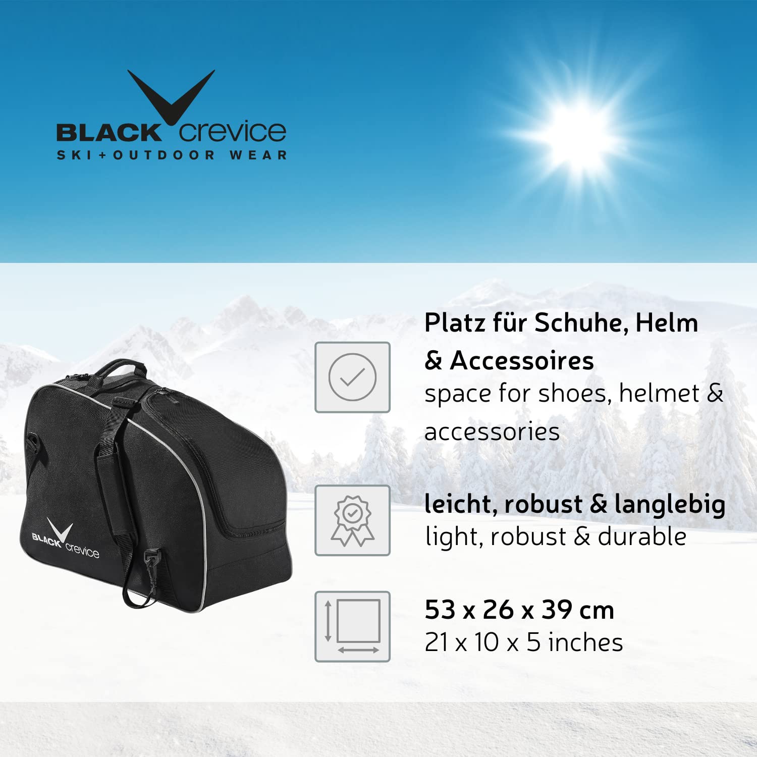 Black Crevice Bolsa para Botas y Casco de esquí I Bolsa para Botas de esquí/Snowboard y Casco Ajustable con Gran Compartimento Principal y secundario con Cremallera I tamaño: 53x26x39cm