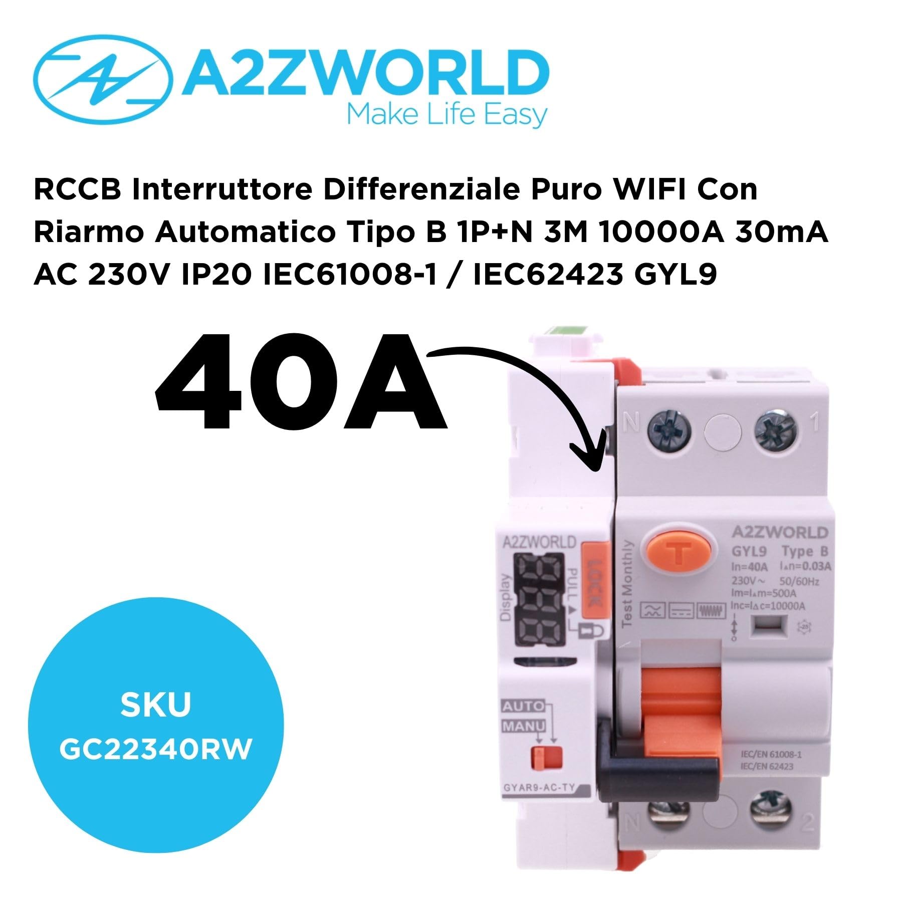 Interruptor diferencial puro WIFI Rearme automático, RCCB tipo B 10kA, Idn 30 mA/0,03 A, 40 A, APP Tuya Smart Life, 1P + N, 3 módulos, control remoto y manual