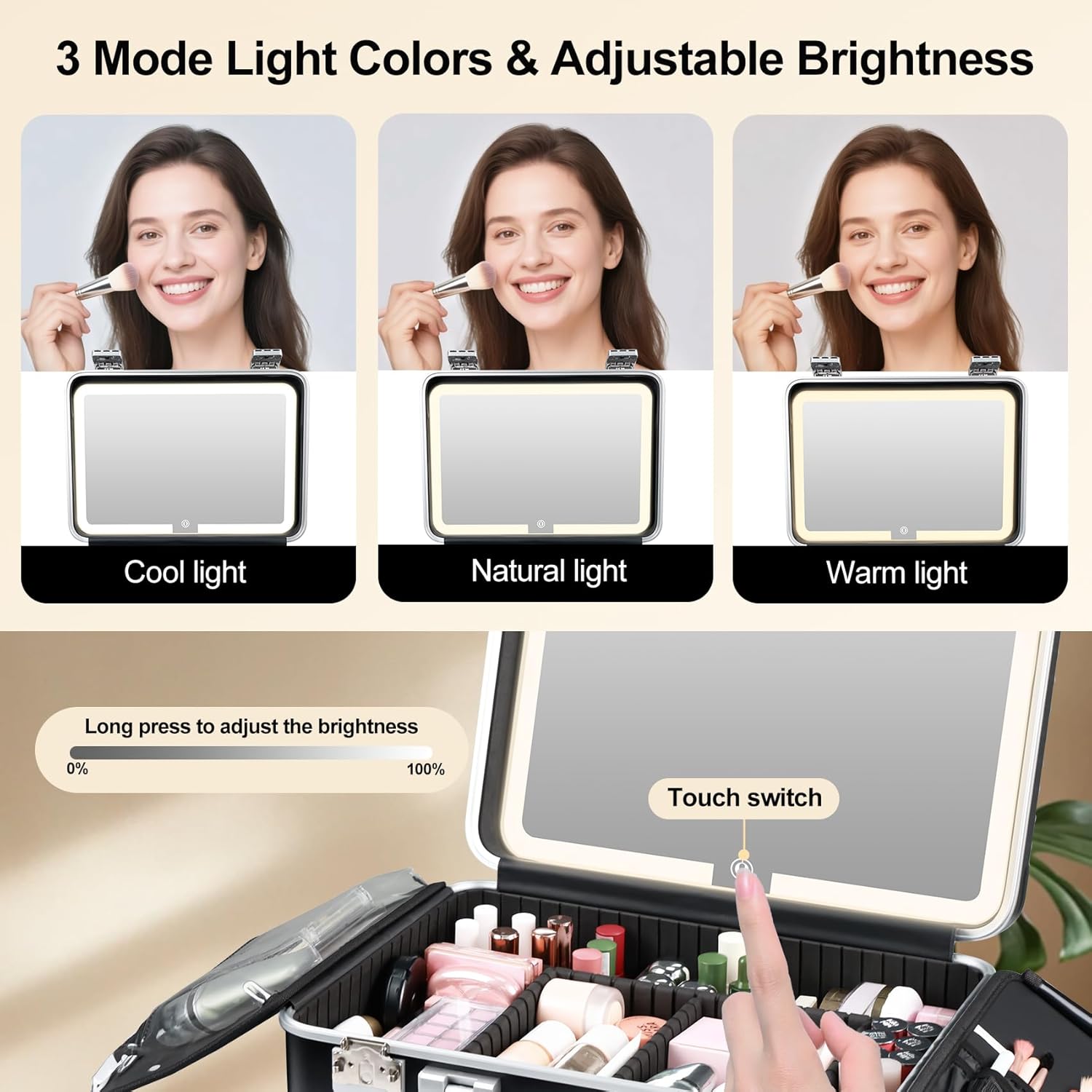 BEAUTY CASE Makeup Case with LED Mirror, 16 inch PC and Aluminum Shockproof Hard Shell Cosmetic Organizer Case, Portable Travel Vanity Box with Brush Board, Combination Lock, Black