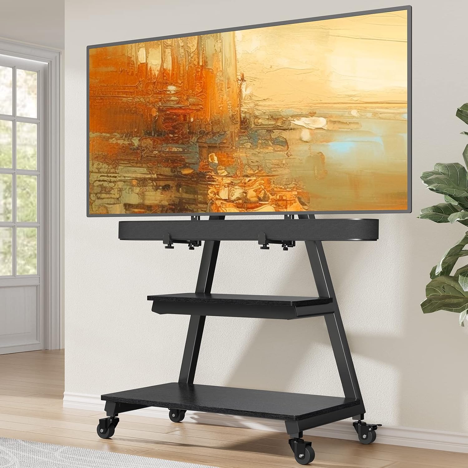 Perlegear Mobile TV Stand with Soundbar Mount, Rolling Floor TV Stand with Wheels for 43-83" TVs up to 132lbs, Mobile TV Cart with Storage Shelves, Tilt Swivel Corner TV Cart Max VESA 600x400mm