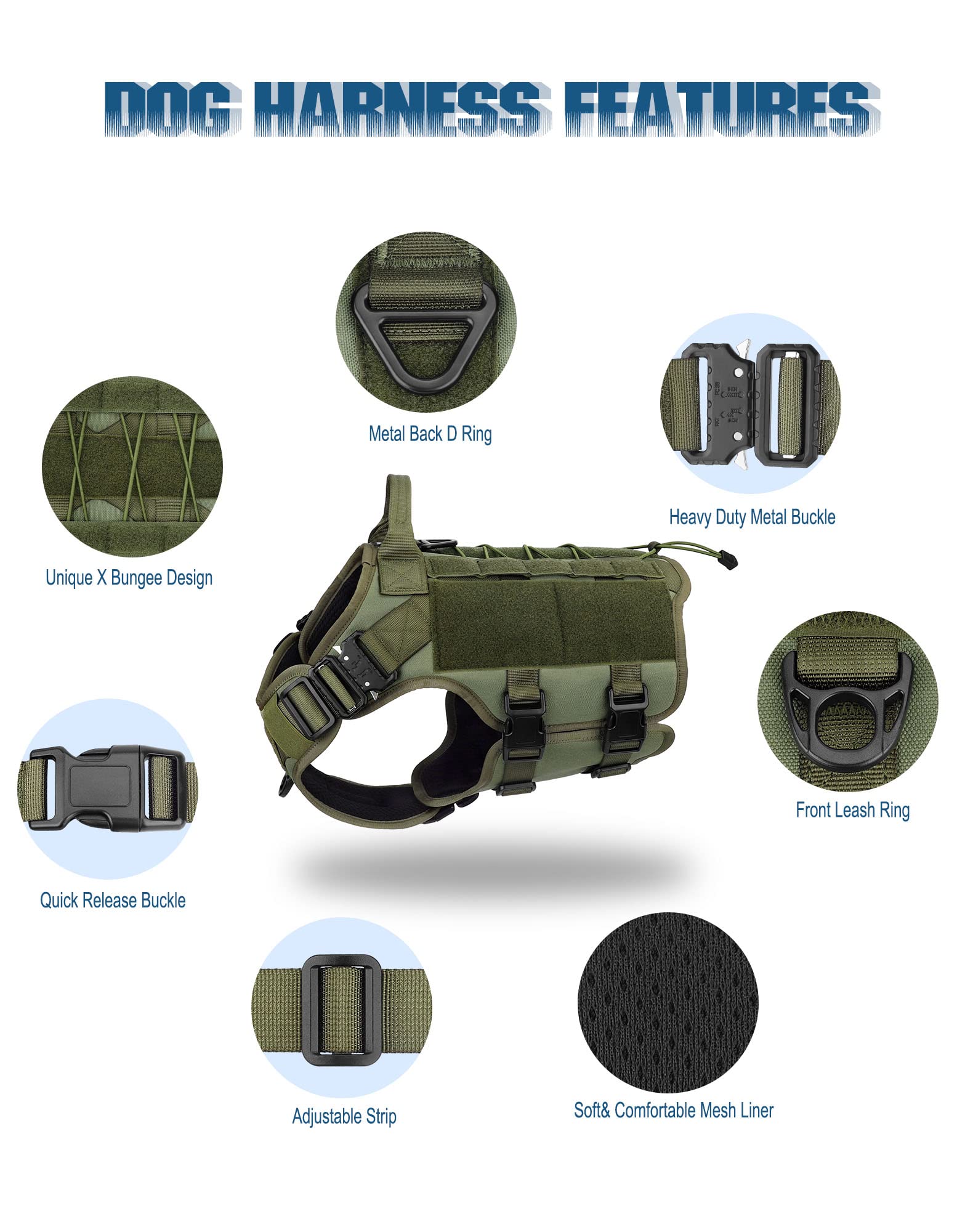 PETNANNY Arnés táctico para perro, arnés para perros de servicio, chaleco de apoyo emocional para perros medianos y grandes, chaleco para perros ESA sin tirones con gancho y bucle, chaleco Molle de