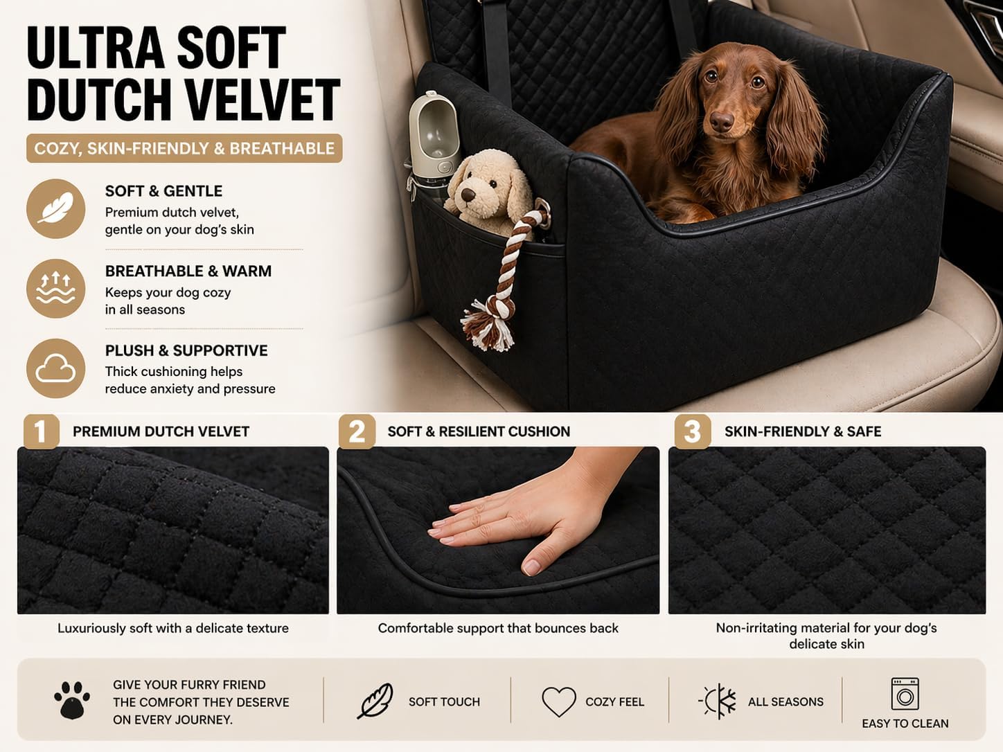 ALL GOOD PET SUPPLIES Dog Car Seat for Small/Medium Dogs Under 35lbs, Soft Booster Car Seat with Detachable Washable Cover and Cushion, Puppy Dog Car Bed, Black