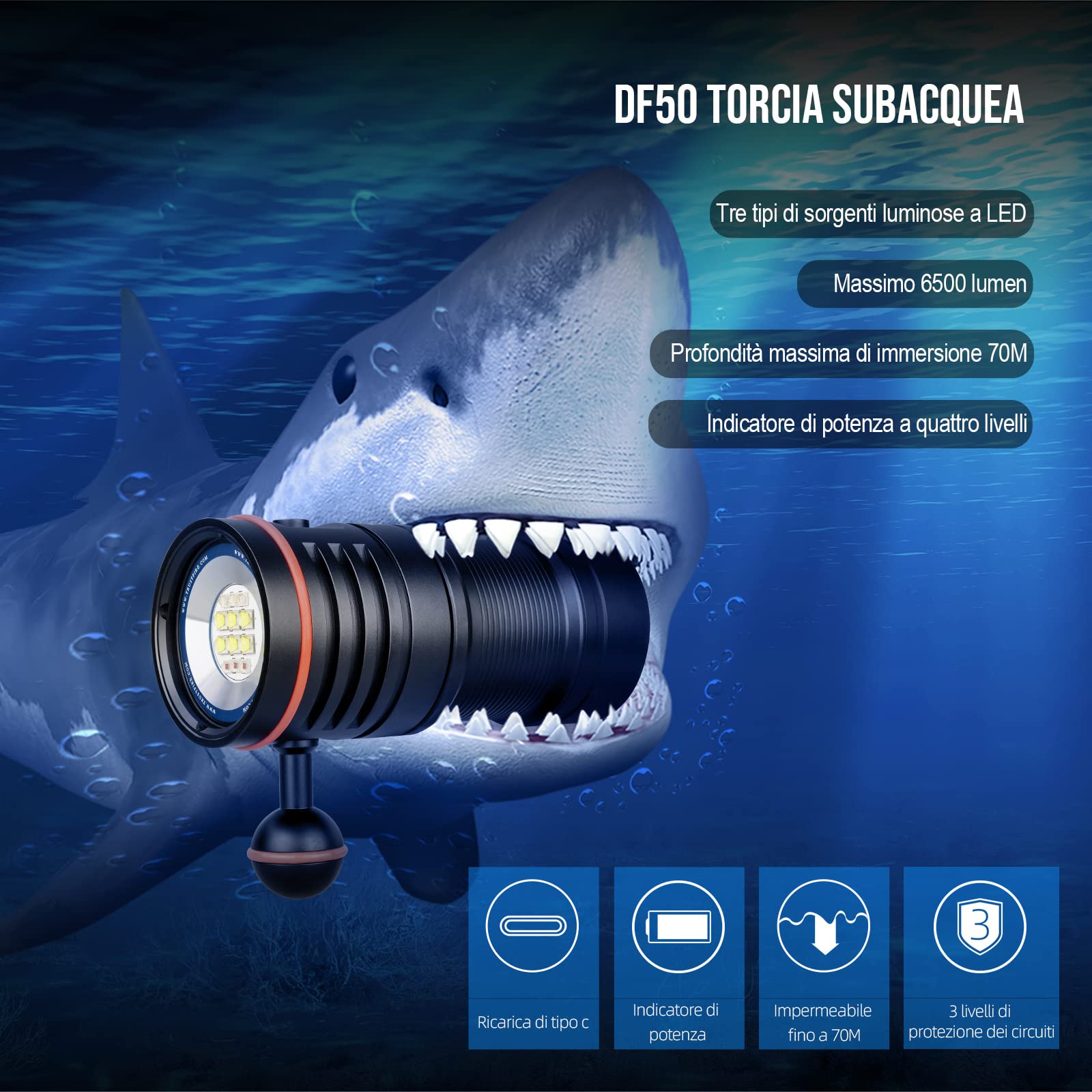 TrustFire DF50 Torcia Subacquea LED 6500 Lumen Ricaricabile USB C Impermeabile