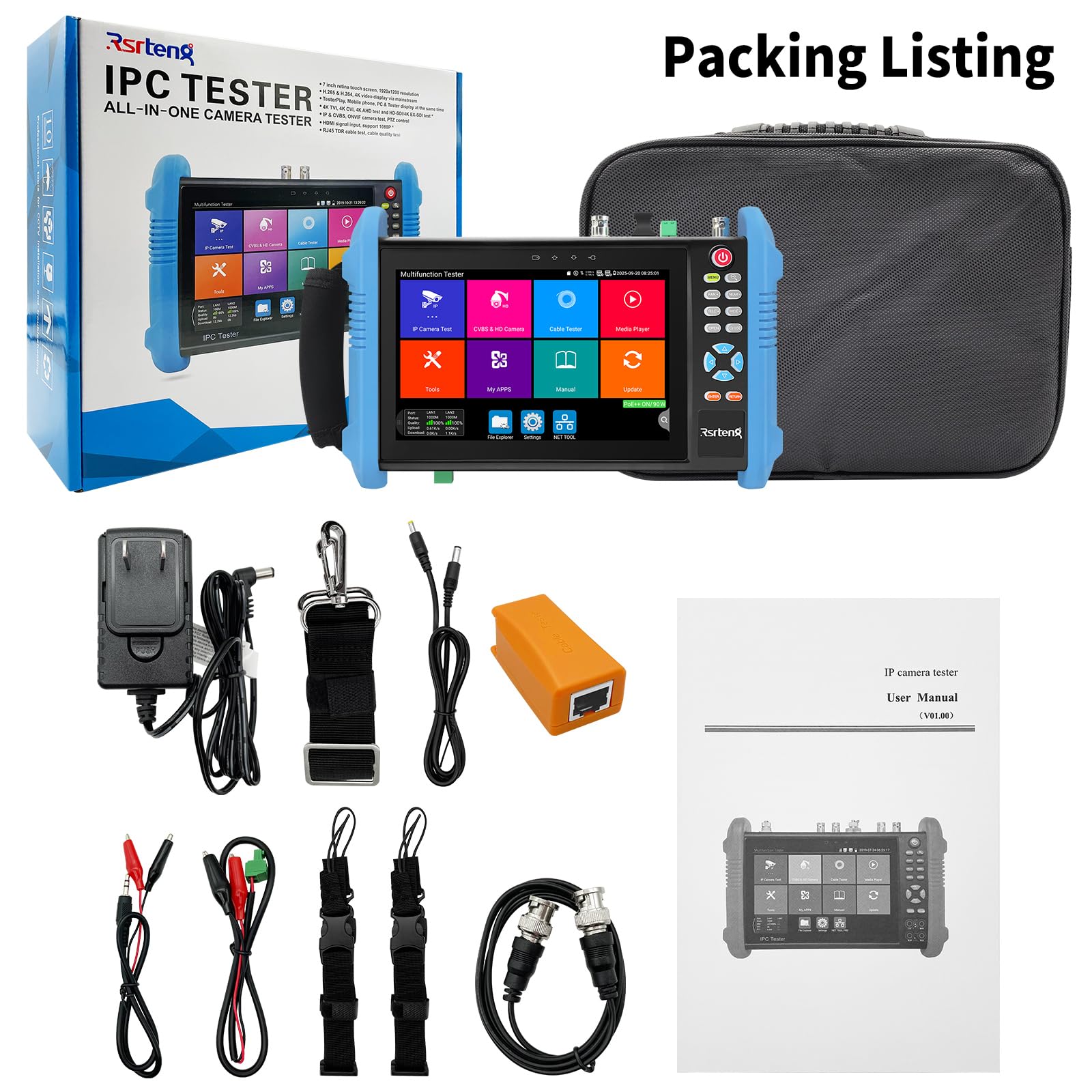 Henkion CCTV Tester 8K 32MP 4K 12MP IP Camera Test con POE++ max 90W, 8MP TVI CVI AHD CVBS CCTV Camera Monitor, interfaccia 1CH SFP, test IPC WiFi Tester di rete strumenti di uscita HD I/O VGA