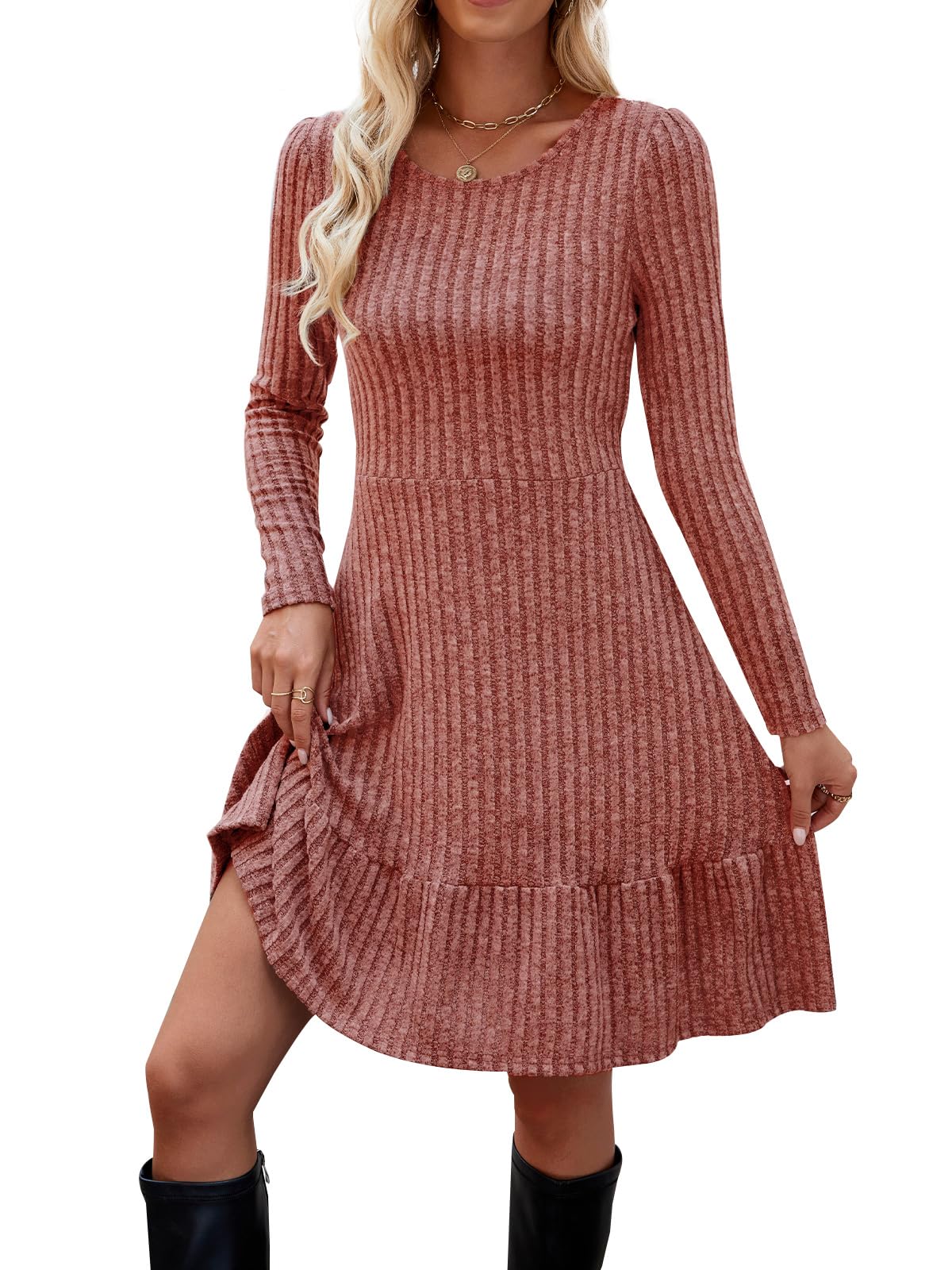 Zetieny Vestito Casual Donna Abito in Maglia a Maniche Lunghe con Scollo Rotondo Pullover Tinta Unita Autunno e Inverno