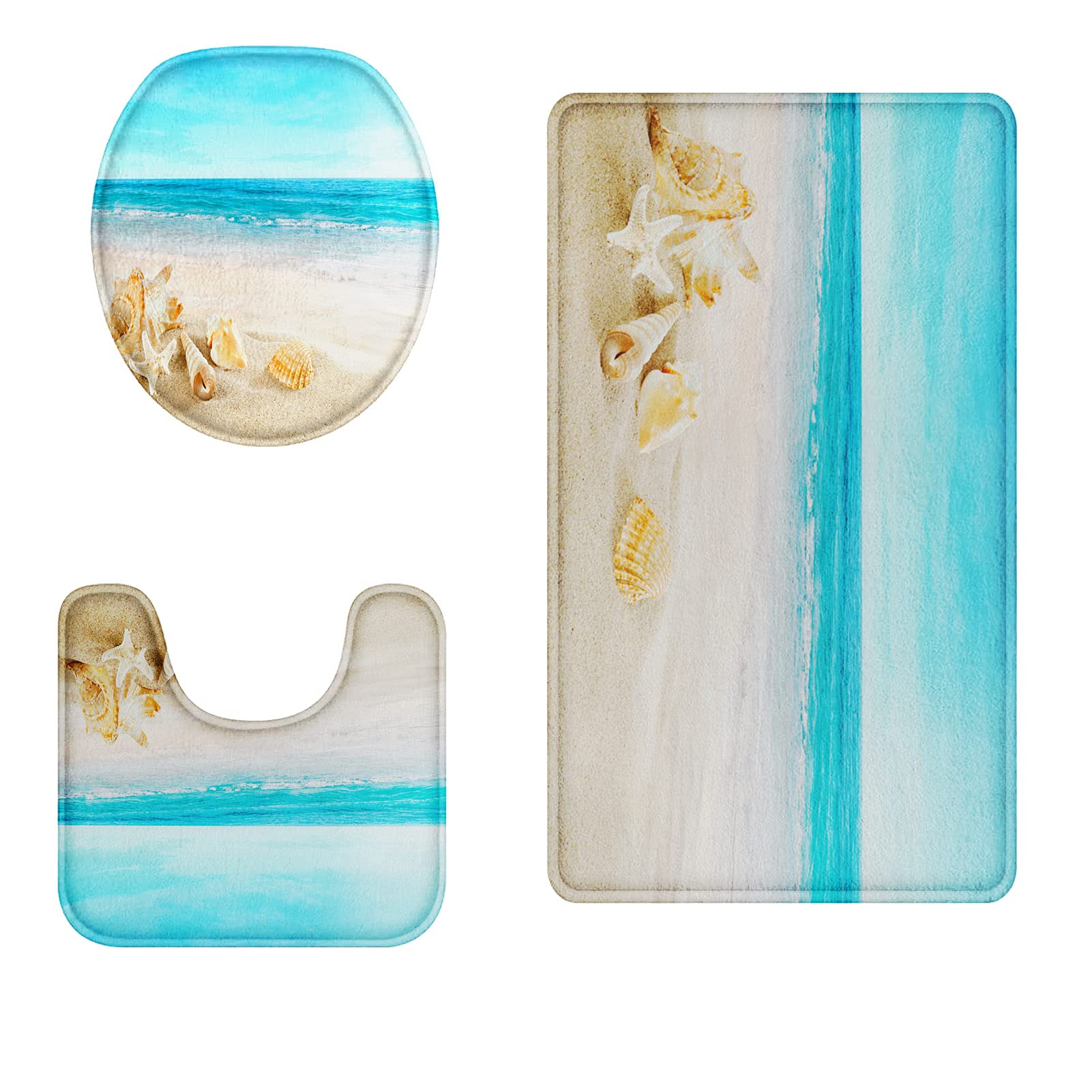 Britimes Beach Seashell Ocean Bathroom Rug Set of 3, 3 Pieces Bath Mats Set for Bathroom, Summer Non-Slip Washable Cover Floor Rug Decorations for Kitchen Bathroom Bedroom