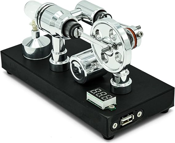 NIKOLATOY Mirror-Polished Stirling Engine with Voltmeter & USB Plug Desktop Mechanical Demonstration Model for Adult Engineering Enthusiasts (Mirror Polished)