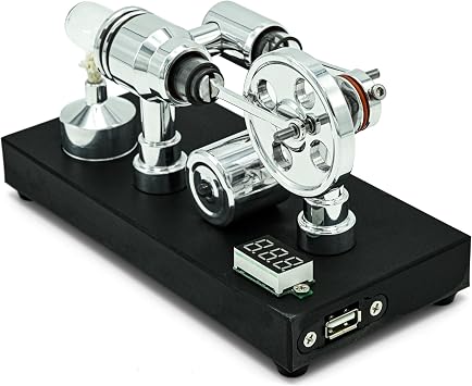 NIKOLATOY Mirror-Polished Stirling Engine with Voltmeter & USB Plug Desktop Mechanical Demonstration Model for Adult Engineering Enthusiasts (Mirror Polished)